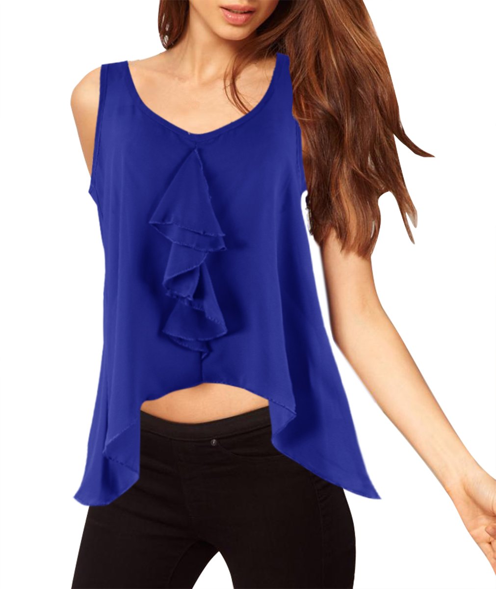 Wholesale Bulk Lot: Vintage Sheer Summer Open Back Ruffle Evening Blouse Blue, L