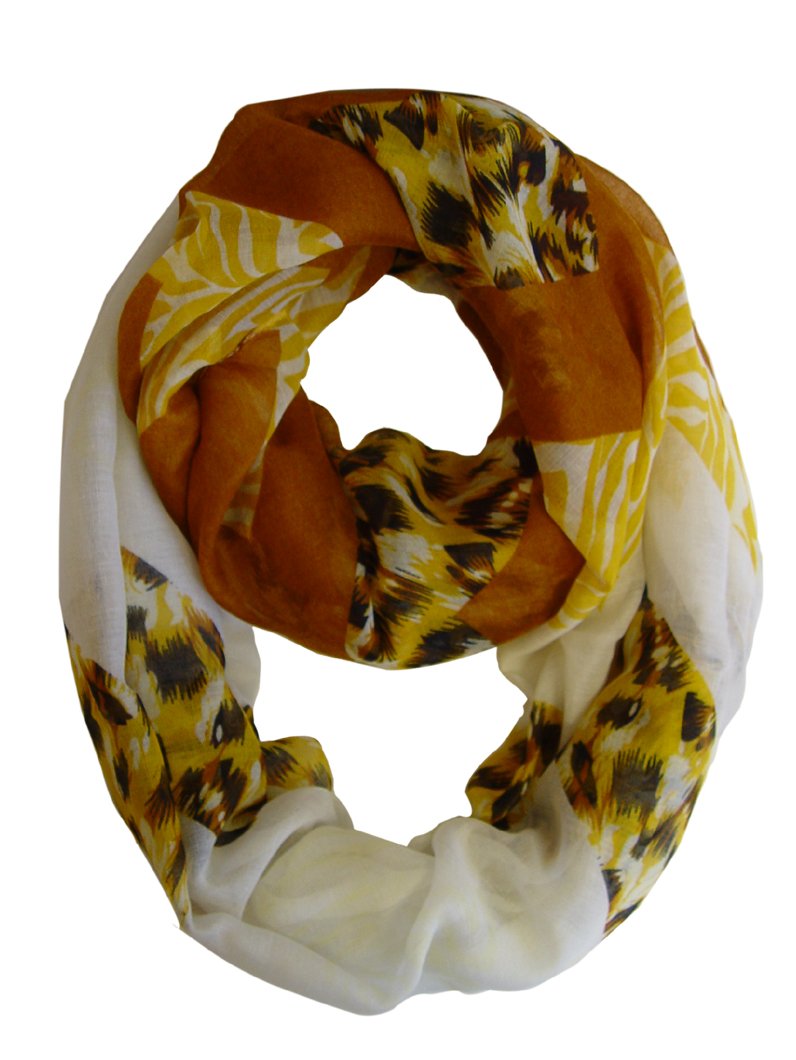 Wholesale Bulk Lot: Yellow & Brown Mixed Animal Print Chevron Infinity Loop Scarf Reseller Pack