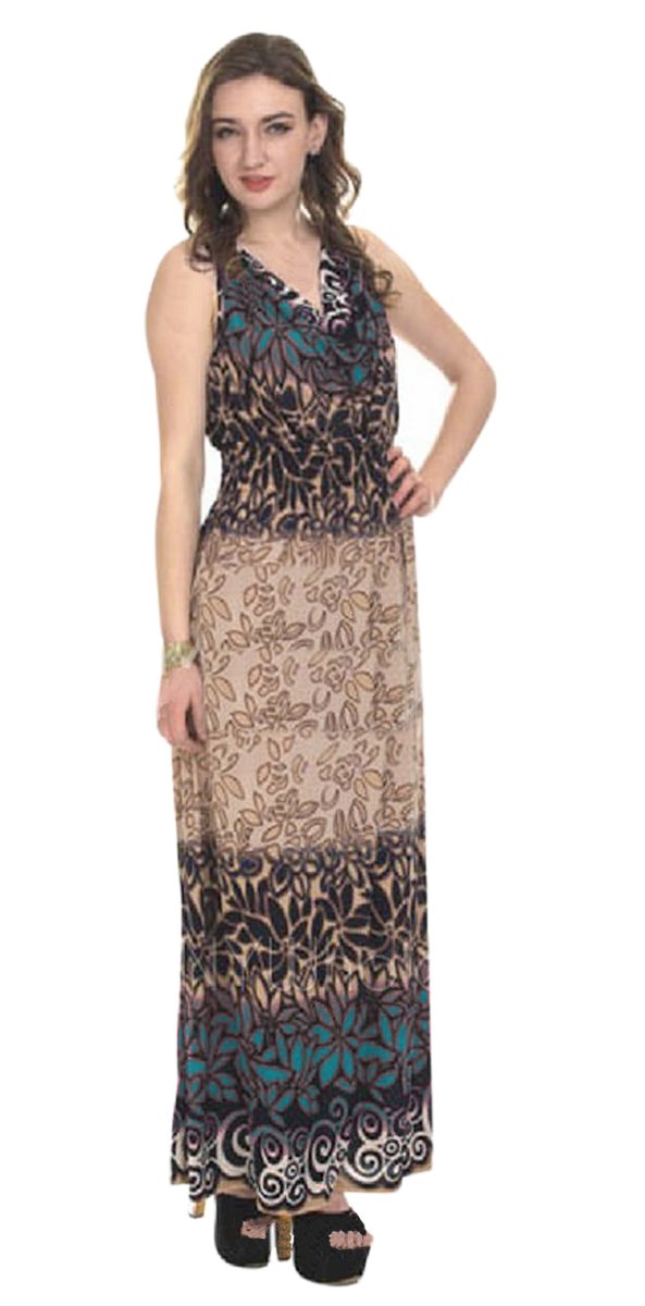 Wholesale Bulk Lot: Women's Vintage Boho Floral Sleeveless Maxi Dress, Teal, M