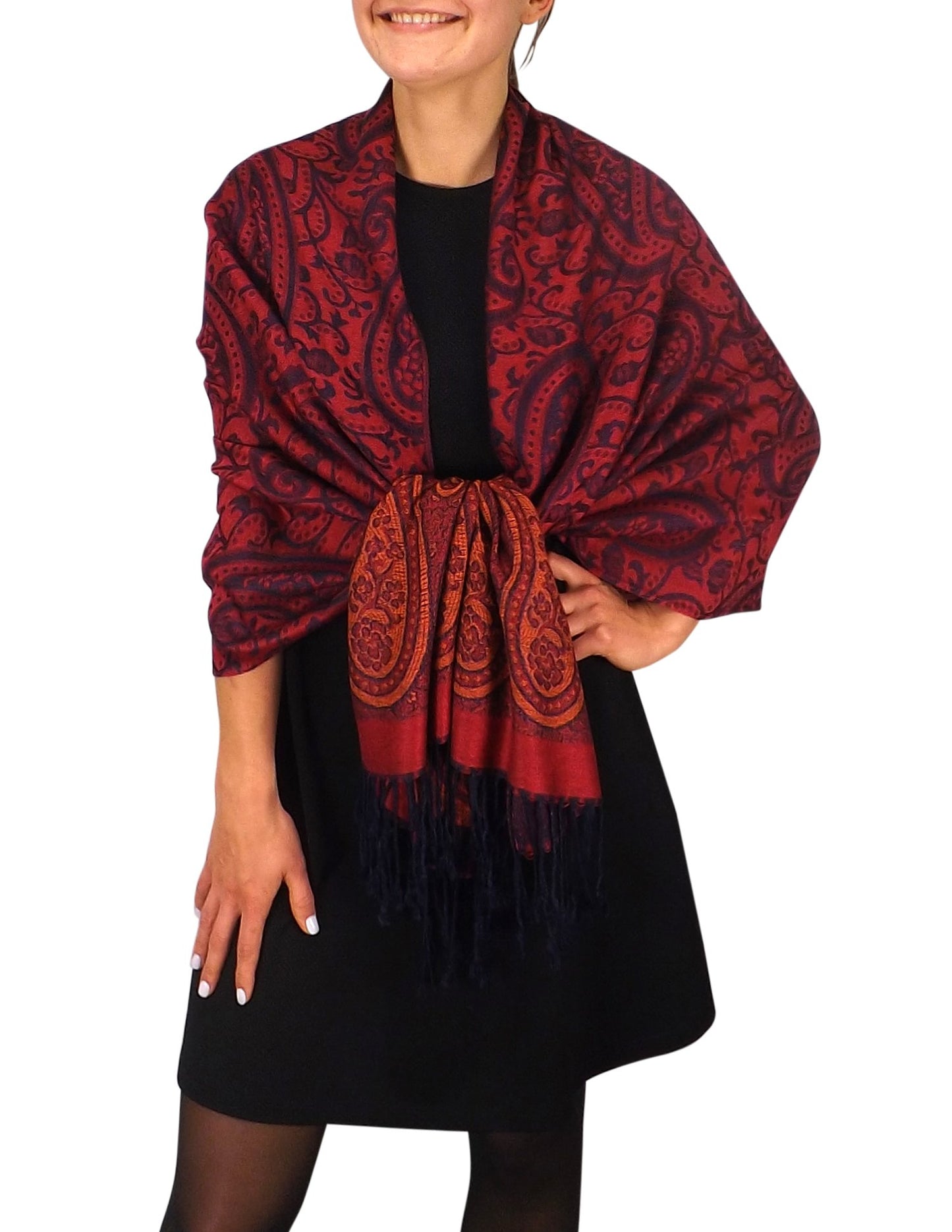 Wholesale Bulk Lot Vintage Pashmina Paisley Jacquard Scarf Shawl Wrap for Resellers Cranberry Navy