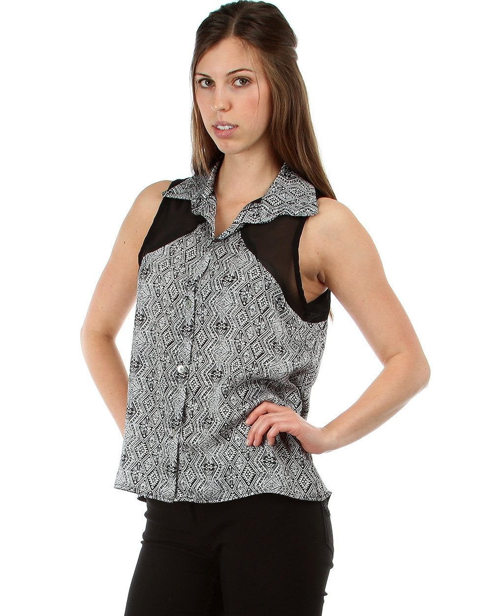 Wholesale Lot: Tribal Print Sleeveless Chiffon Button Down Top Black White Small