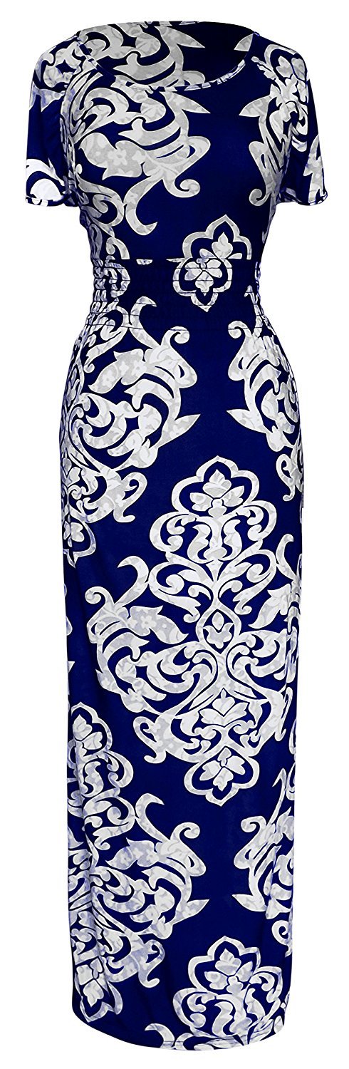 Wholesale Bulk Lot: Women's Smocked Damask Summer Maxi Dress Navy Blue Small