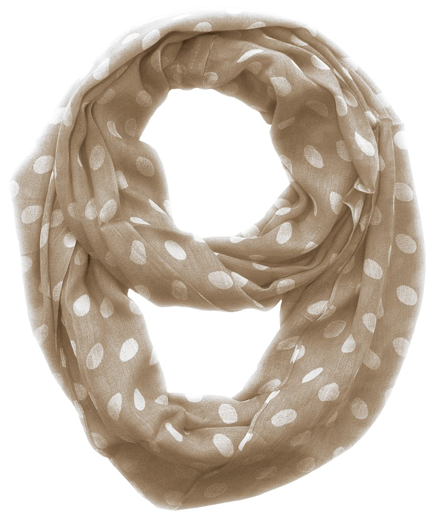 Wholesale Bulk Lot: Sheer Polka Dot Infinity Circle Loop Scarf Taupe White Reseller Pack