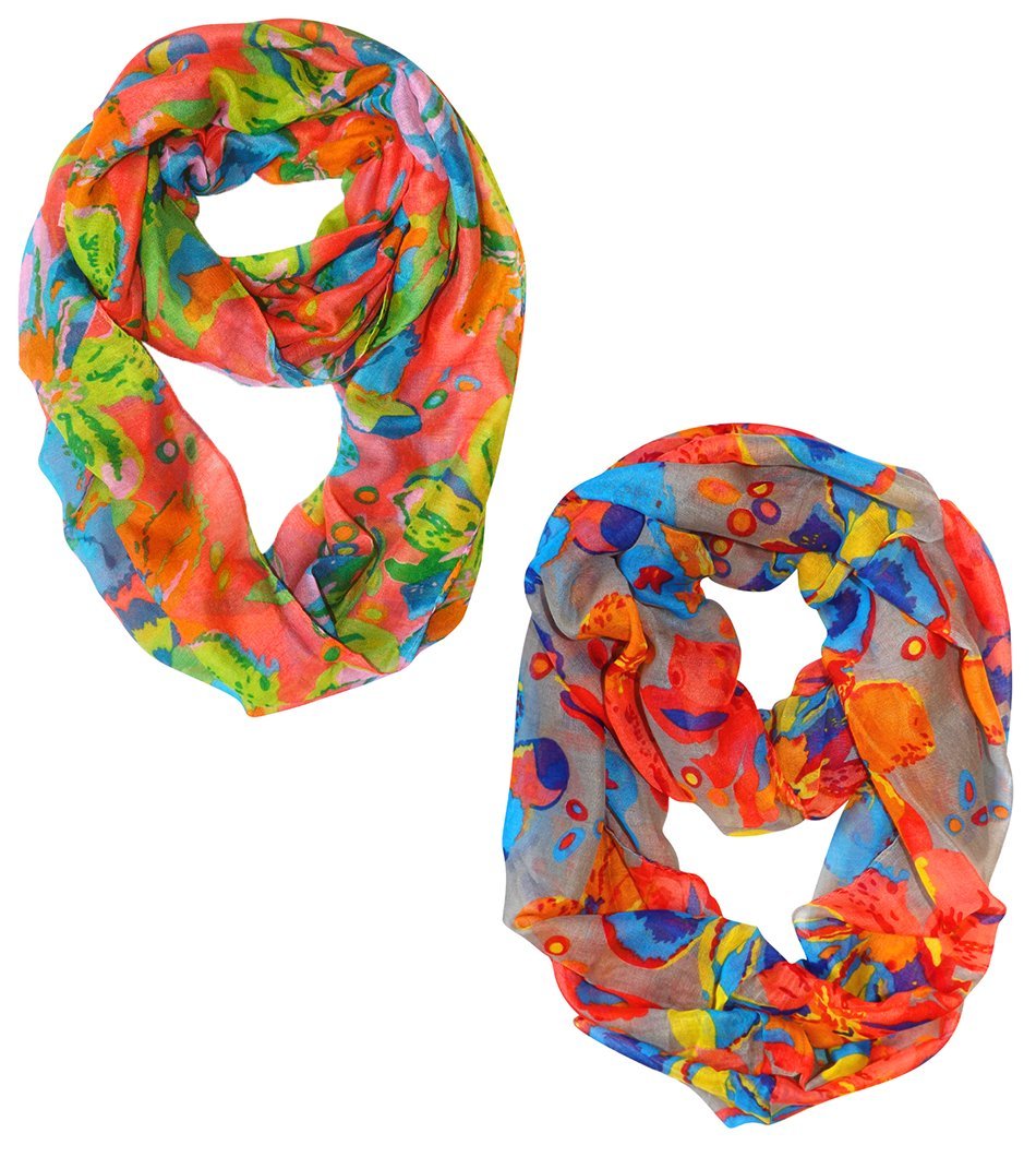 Wholesale Bulk Lot: 2 Pack Cherry Blossom Floral Print Infinity Loop Scarves Coral & Grey Reseller