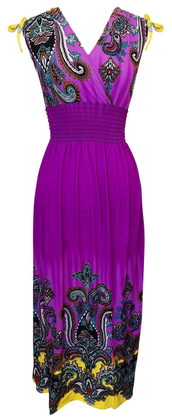 Wholesale Bulk Lot: Multicolor Tropical Border Print Maxi Dress Purple Medium