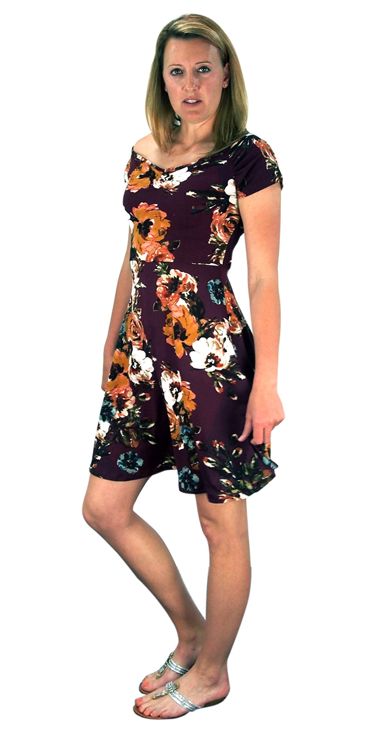 Wholesale Bulk Lot: Burgundy Floral Princess Fit and Flare Skater Dress Medium