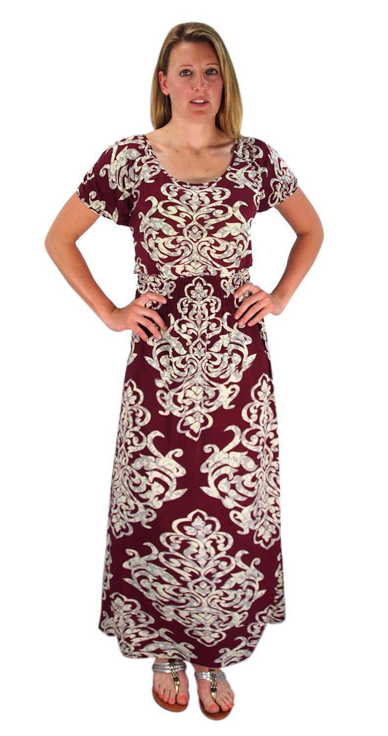 Wholesale Bulk Lot: Damask Print Smocked Waist Plus Size Maxi Dress Burgundy 1X