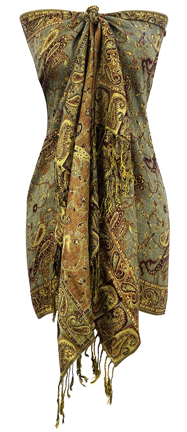 Wholesale Bulk Lot Reversible Paisley Pashmina Shawl Double Layer Sage Scarf for Resellers