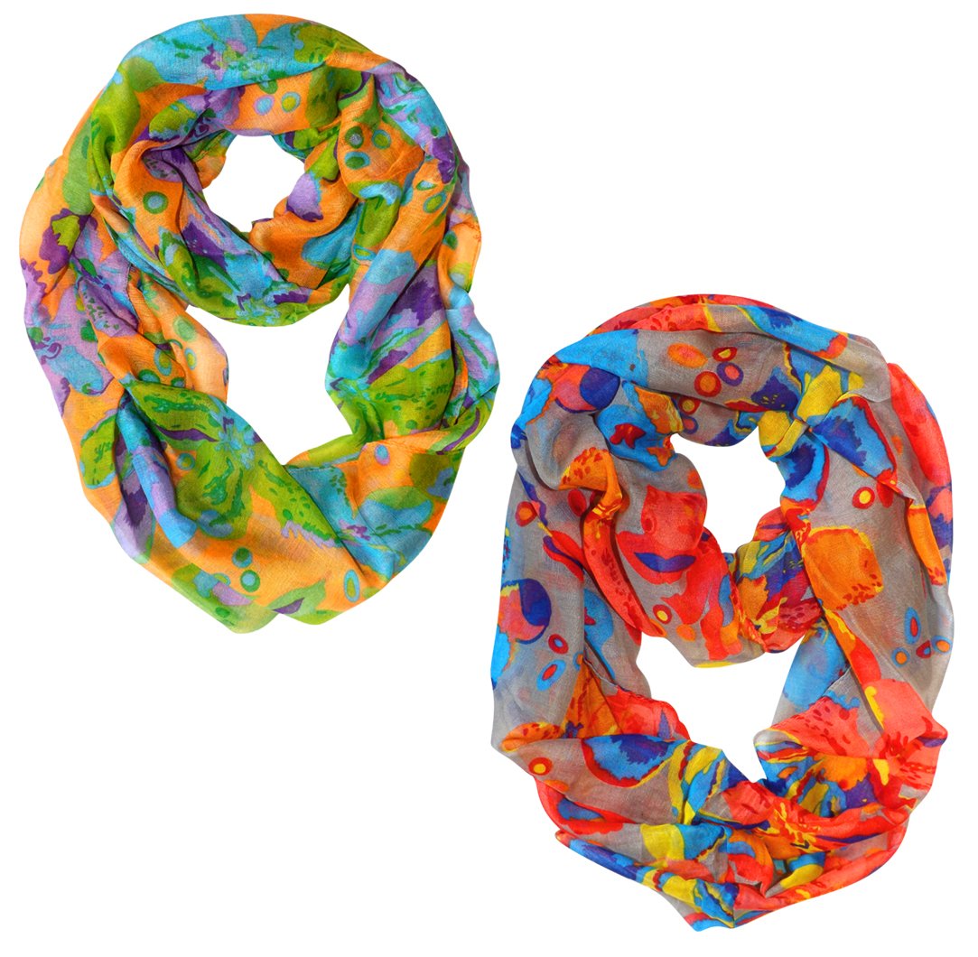 Wholesale Bulk Lot: Cherry Blossom Floral Print Infinity Loop Scarves 2 Pack Orange & Grey Reseller