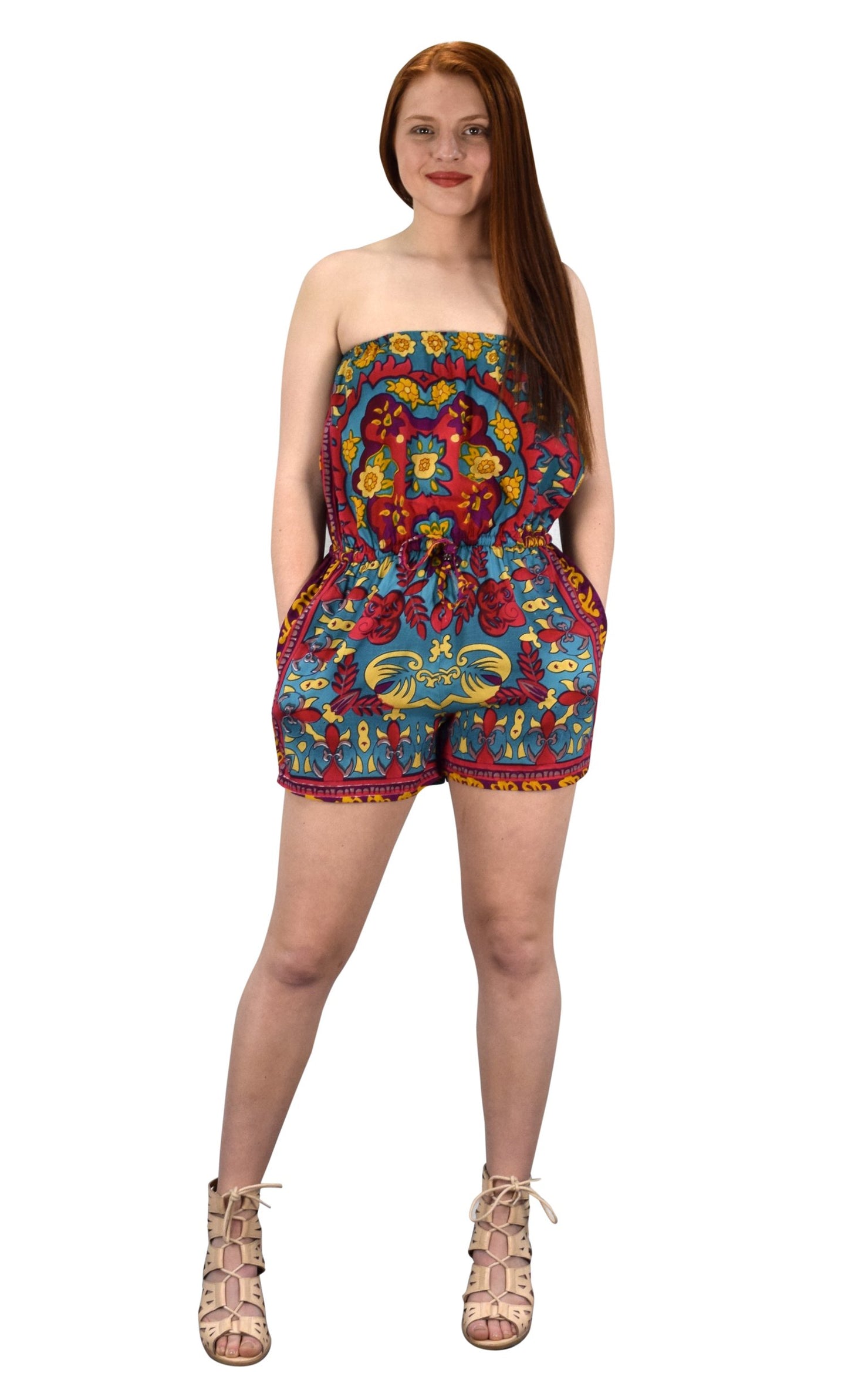 Wholesale Bulk Lot: Bohemian Floral Print Strapless Romper Teal Size Medium