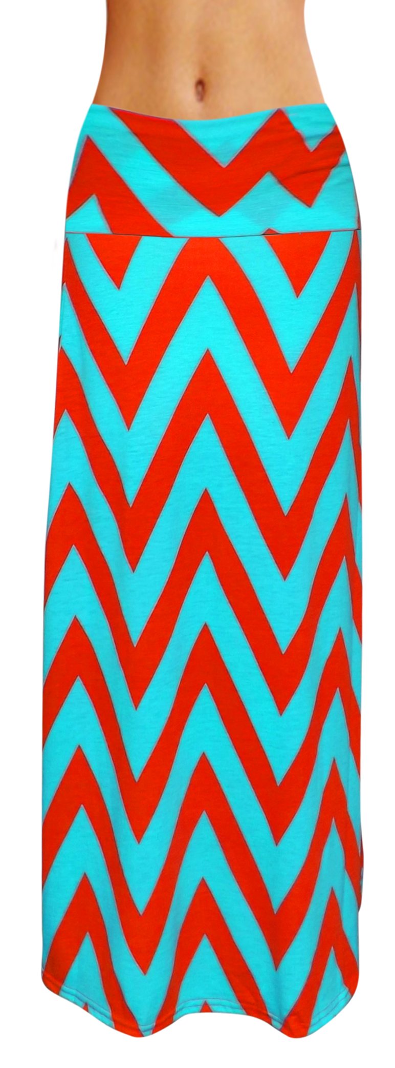 Wholesale Bulk Lot: Fold Over Waist Banded Maxi Skirt Small Chevron Aqua Fuchsia