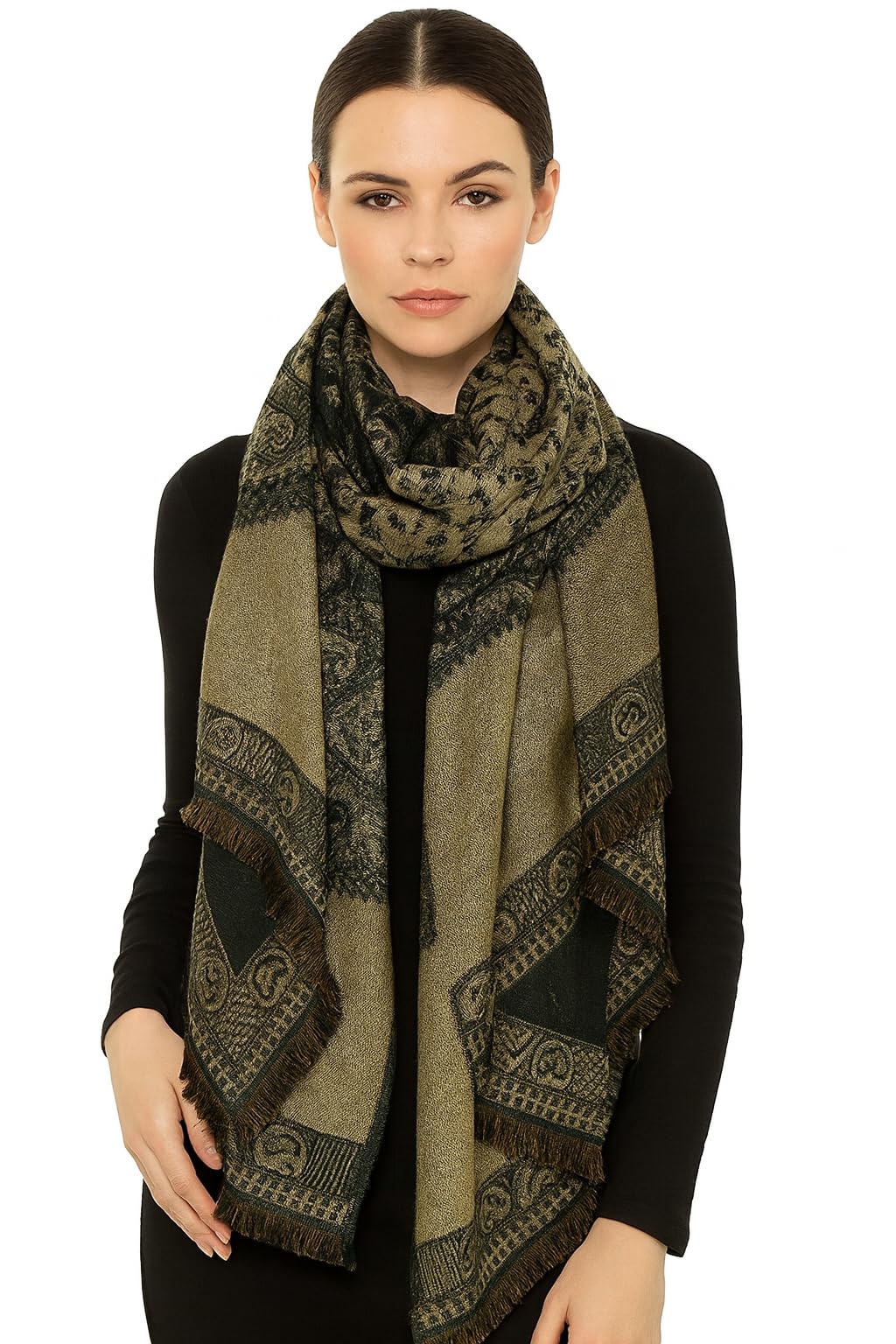 Wholesale Bulk Lot Reversible Paisley Pashmina Blanket Scarf Thick Wrap Shawl Dark Green Tan Reseller