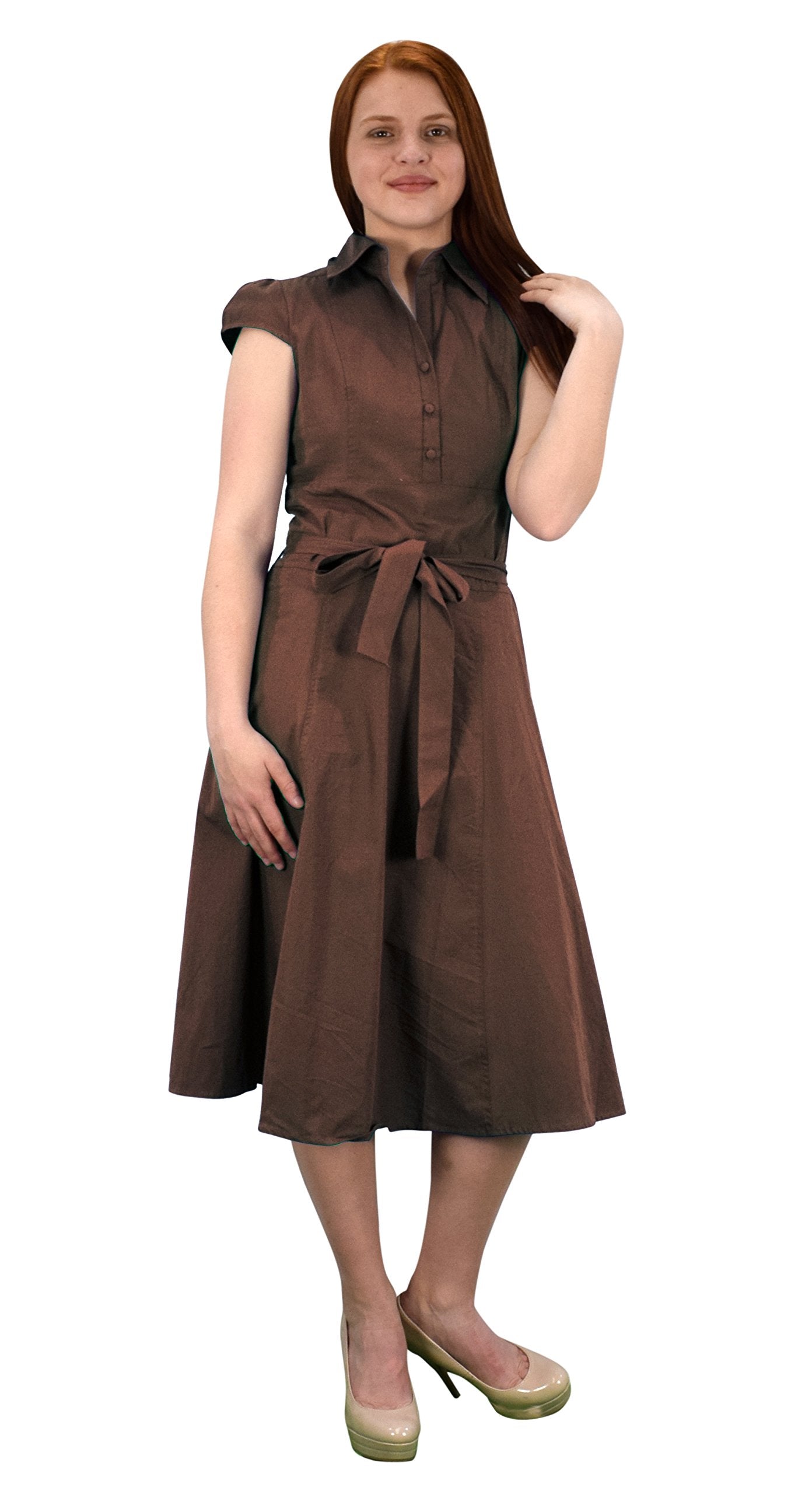 Wholesale Bulk Lot: Cotton Button Up Vintage Tea Party Swing Dress Brown Large
