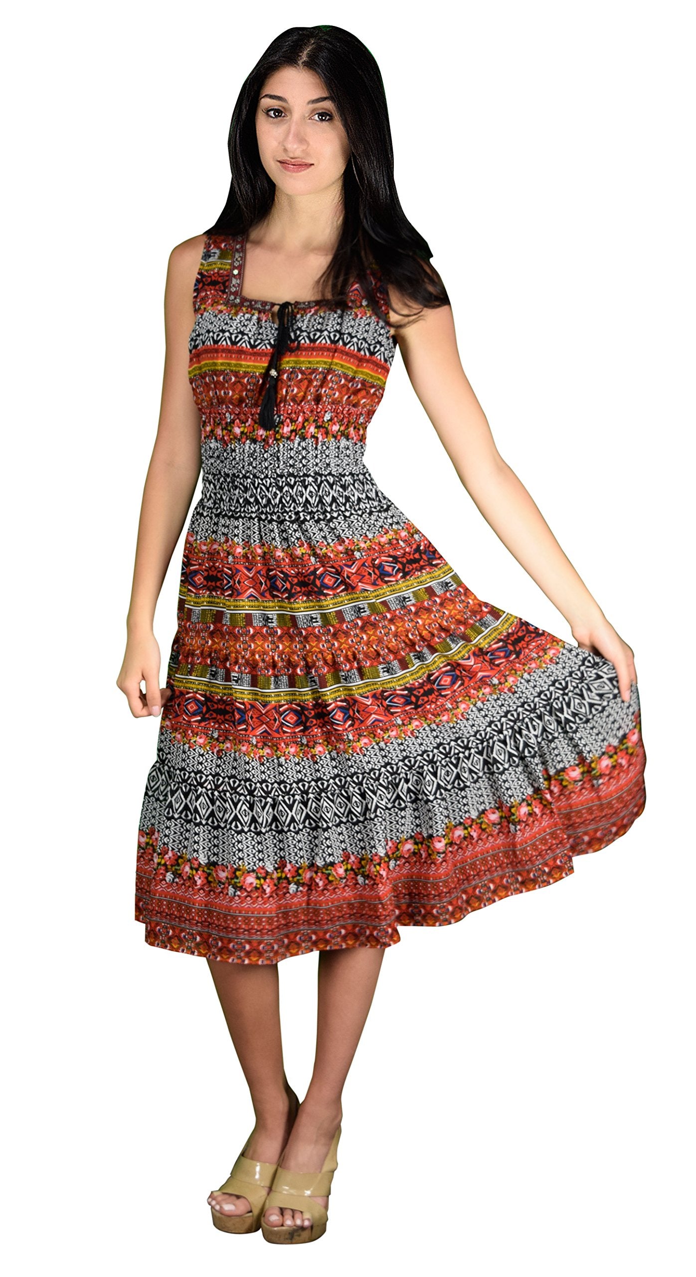 Wholesale Bulk Lot: Boho Damask Print Sleeveless Tiered Summer Dress Orange Large