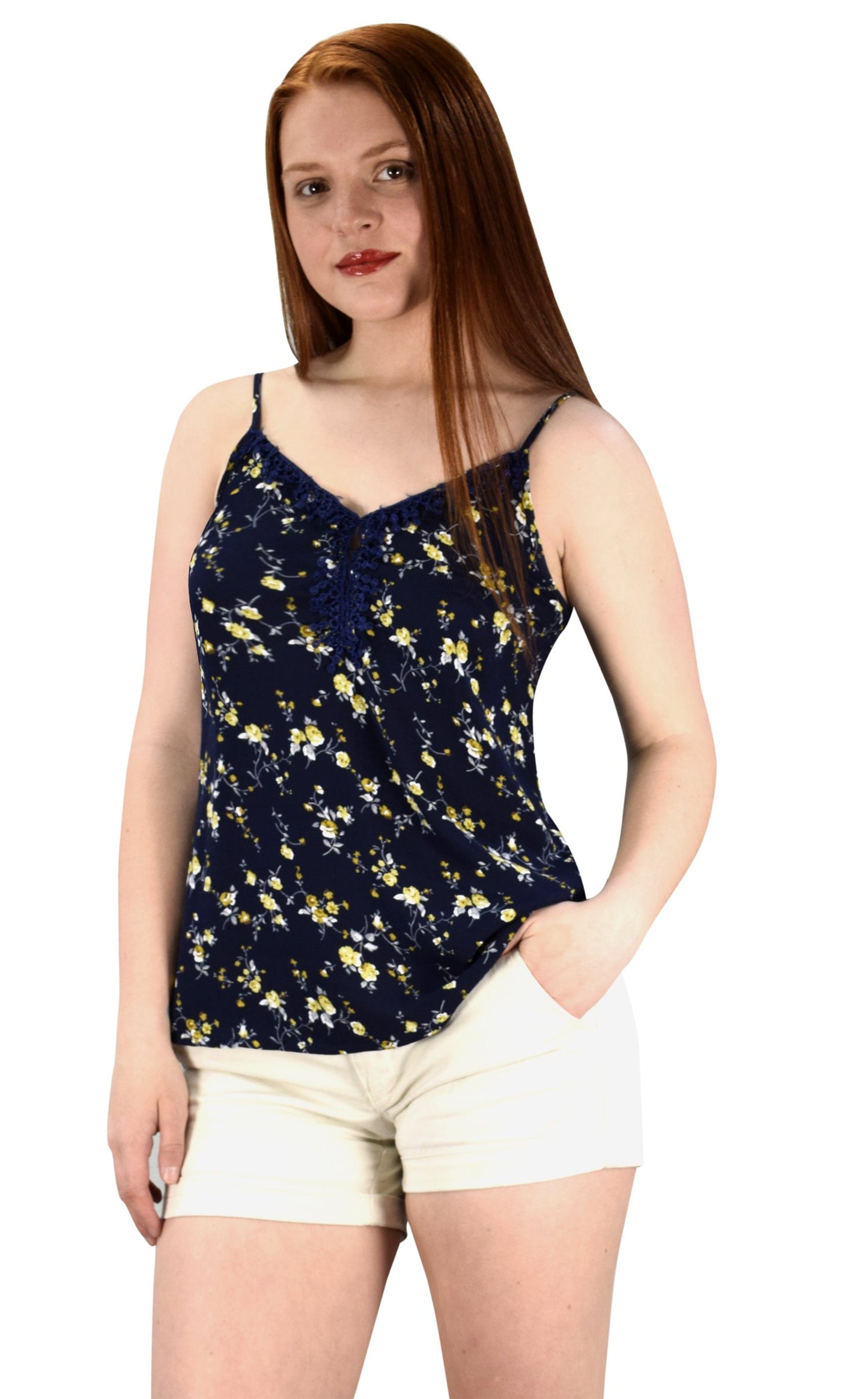 Wholesale Bulk Lot: Blossom Print Laced Neck Spaghetti Strap Blouse Navy XL