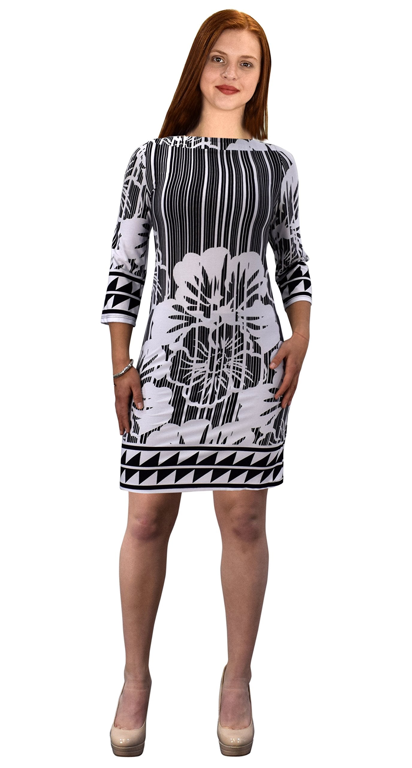 Wholesale Bulk Lot: Floral Border 3/4 Sleeve Shift Dress White Black Missy Medium