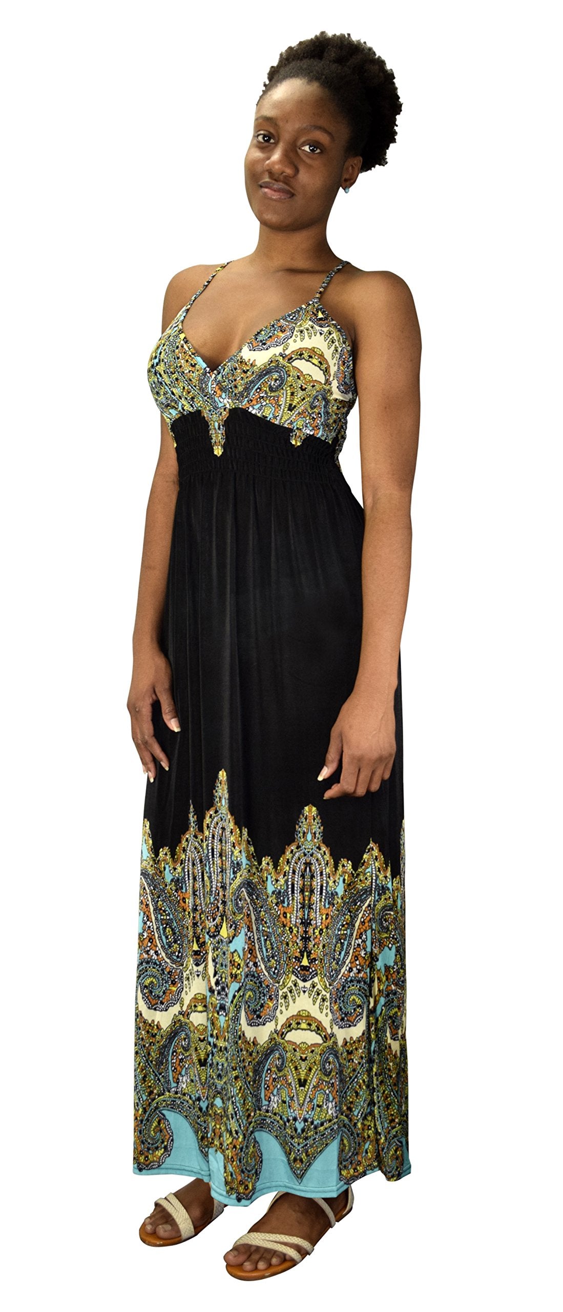 Wholesale Lot: Sleeveless Paisley Cinched Waist Vintage Maxi Dress Black Teal Med