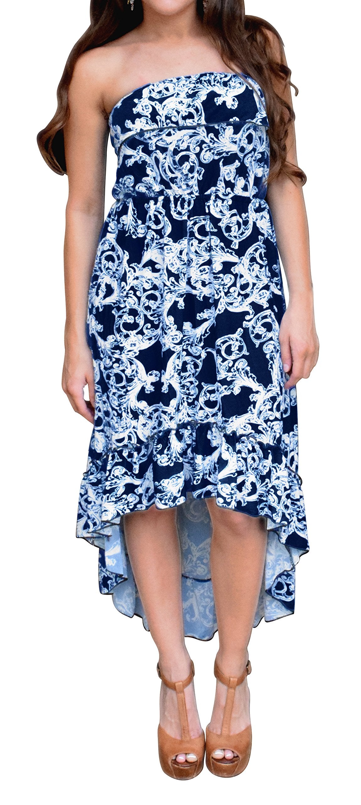 Wholesale Bulk Lot: Paisley Strapless Ruffled Hi Lo Dress Navy Large Reseller