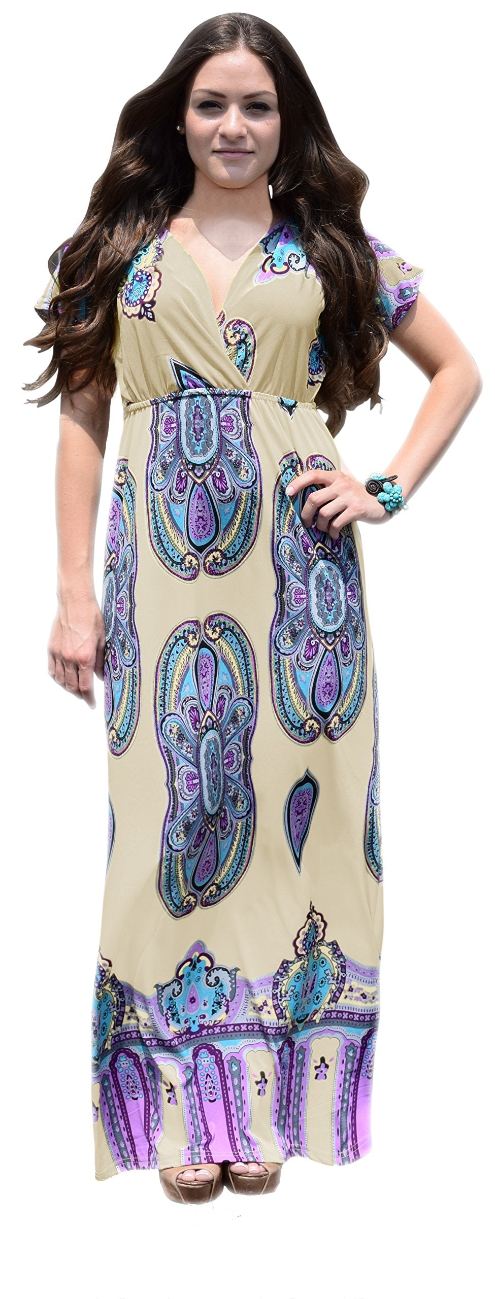 Wholesale Bulk Lot: Paisley V Neck Short Sleeve Maxi Dress Large Off White