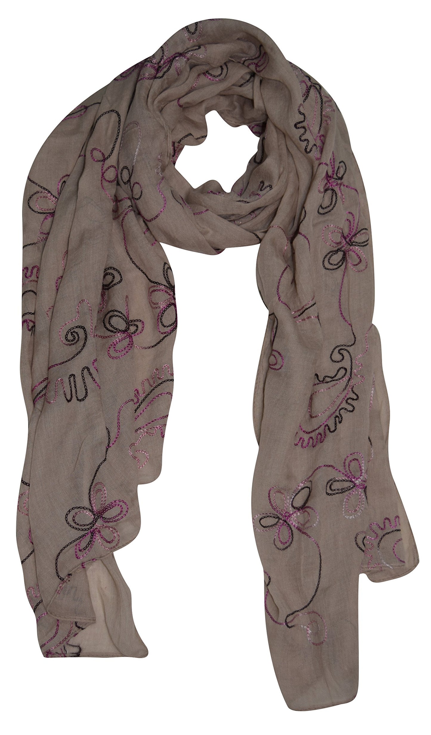 Wholesale Bulk Lot: Summer Blossom Embroidered Sheer Scarf Wrap Shawl Taupe for Resellers