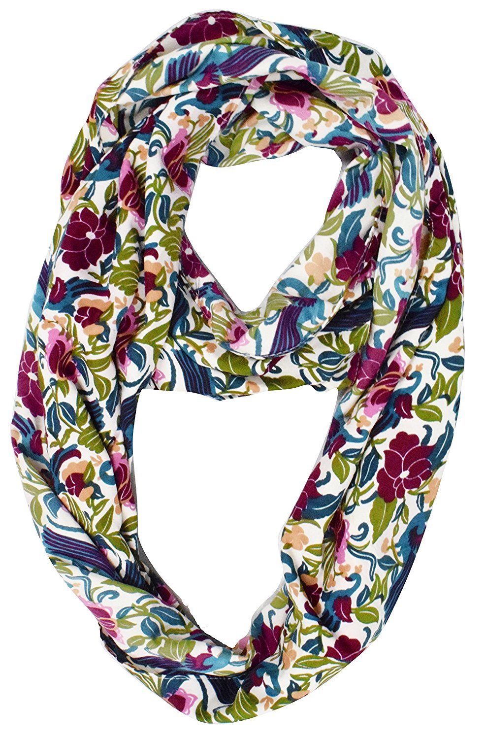 Wholesale Bulk Lot: Sheer Bird Print Infinity Scarf Circle Loops White Maroon Reseller Pack
