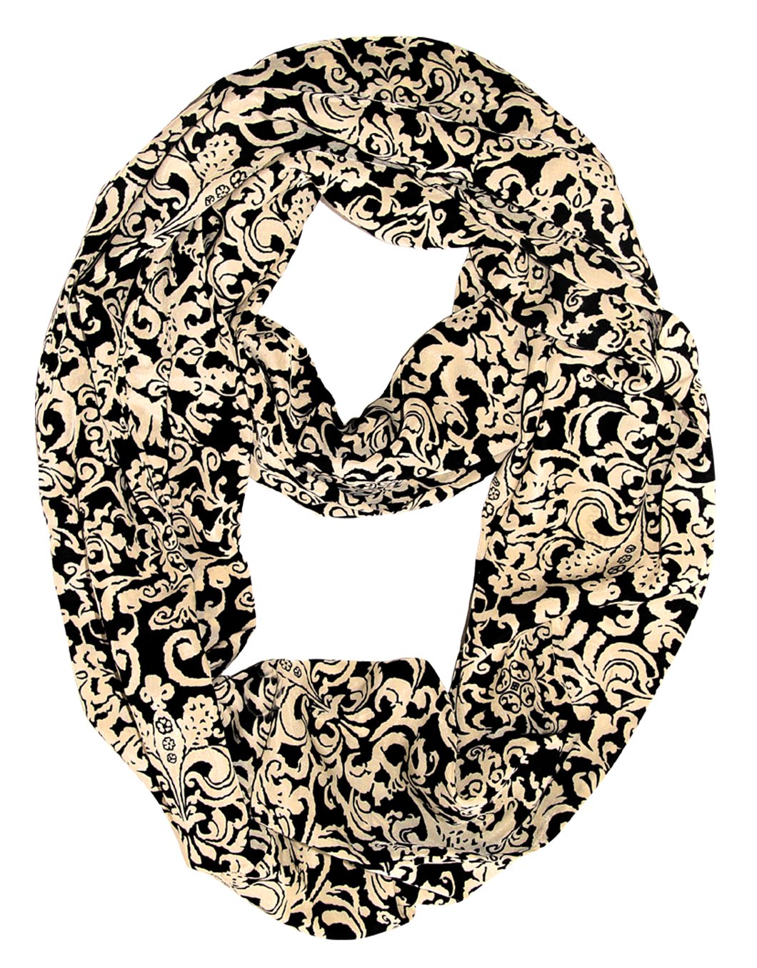 Wholesale Bulk Lot: Gatsby Henna Damask Print Silky Infinity Loop Scarf Black Ivory Reseller Pack