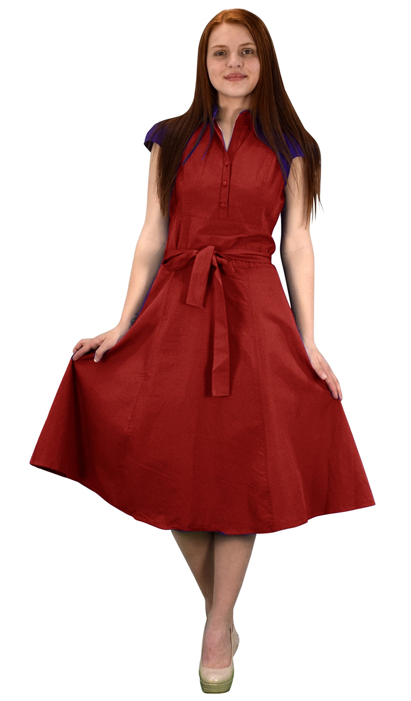 Wholesale Bulk Lot 100% Cotton Button Up Vintage A-Line Swing Dress Red Medium