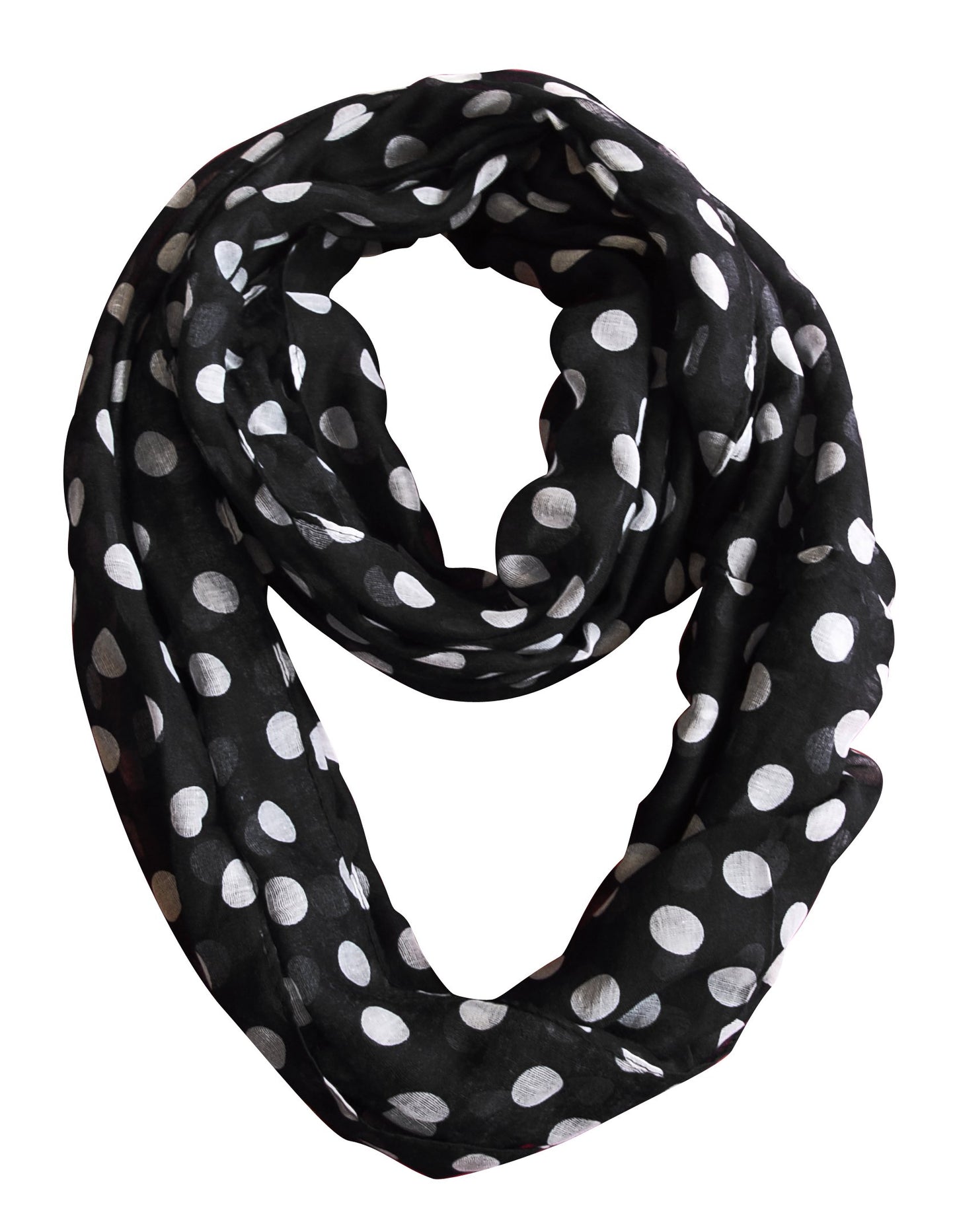 Wholesale Bulk Lot: Sheer Polka Dot Print Infinity Loop Scarf Black and White Reseller Pack
