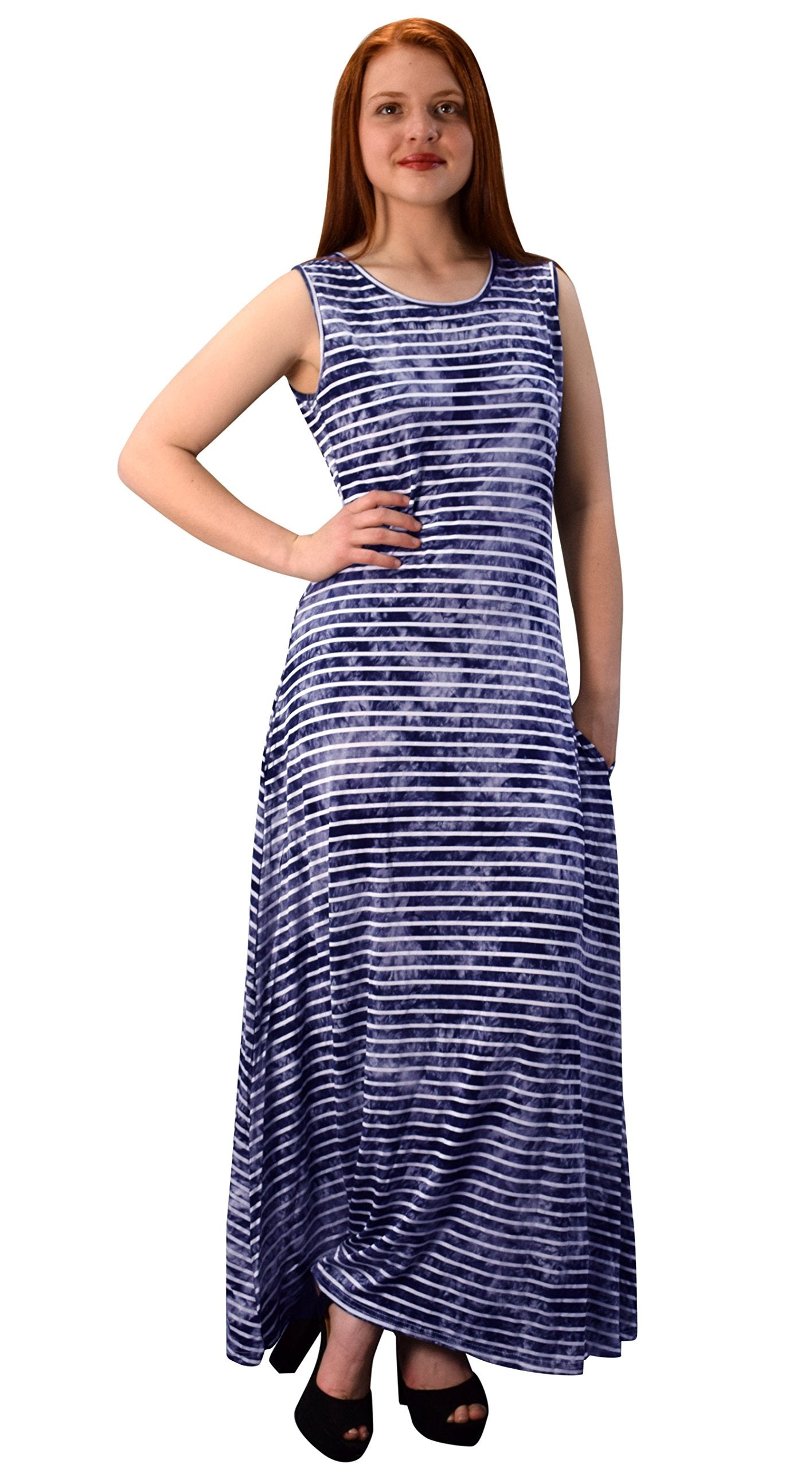 Wholesale Bulk Lot: Navy Striped Tie Dye Scoop Neck Summer Maxi Dress Size Medium