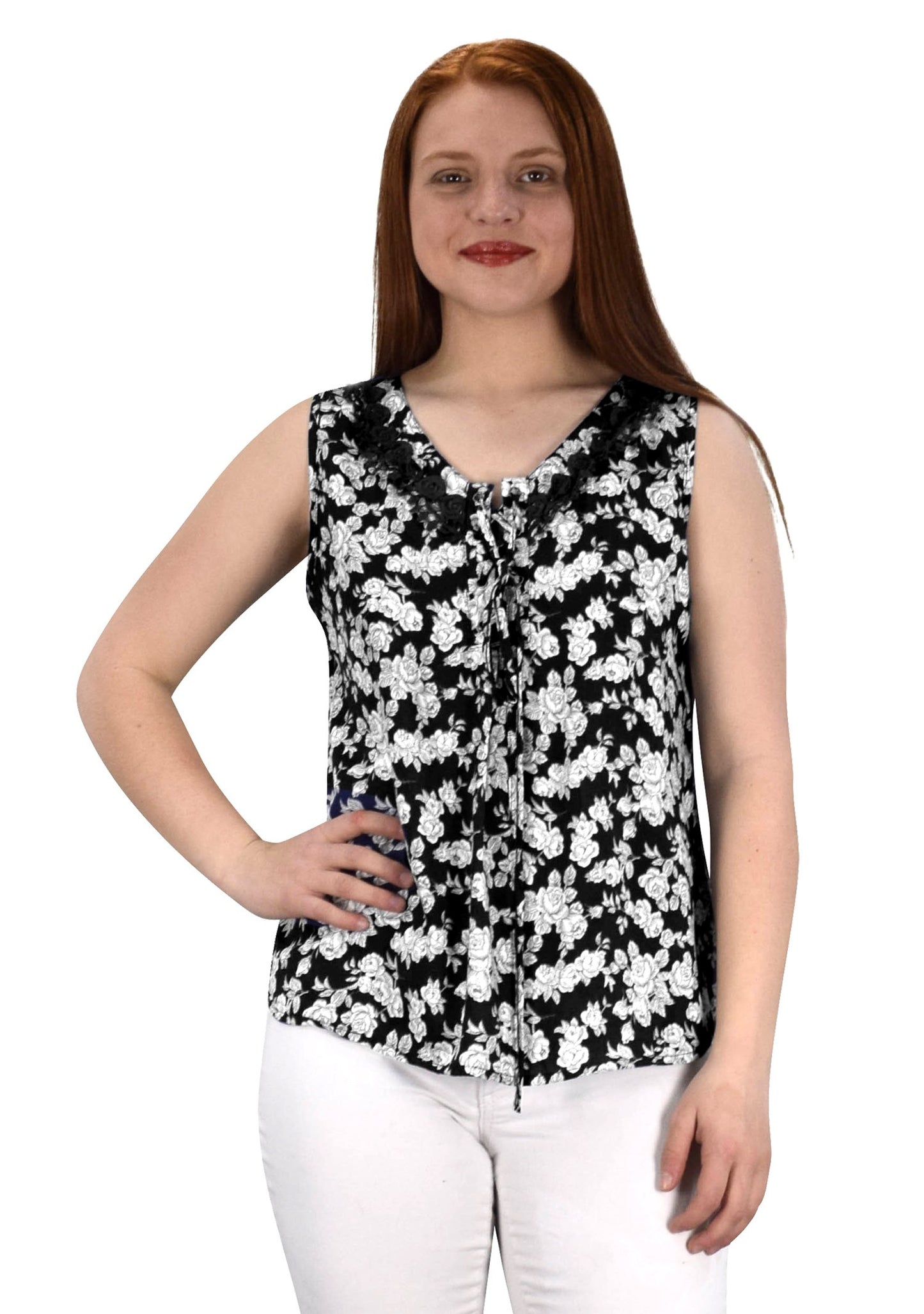 Wholesale Bulk Lot: Two Tone Floral Rose Print Laced Neck Top Shirt Black Small