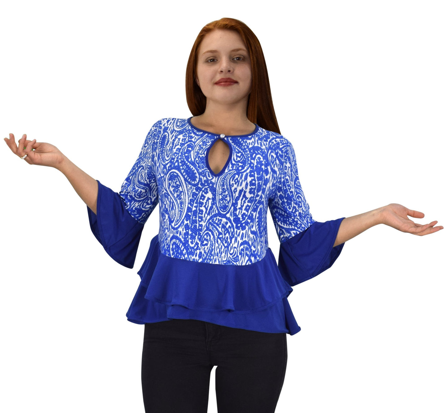 Wholesale Bulk Lot: Women's Floral Bell Sleeve Keyhole Neck Blouse Blue Small