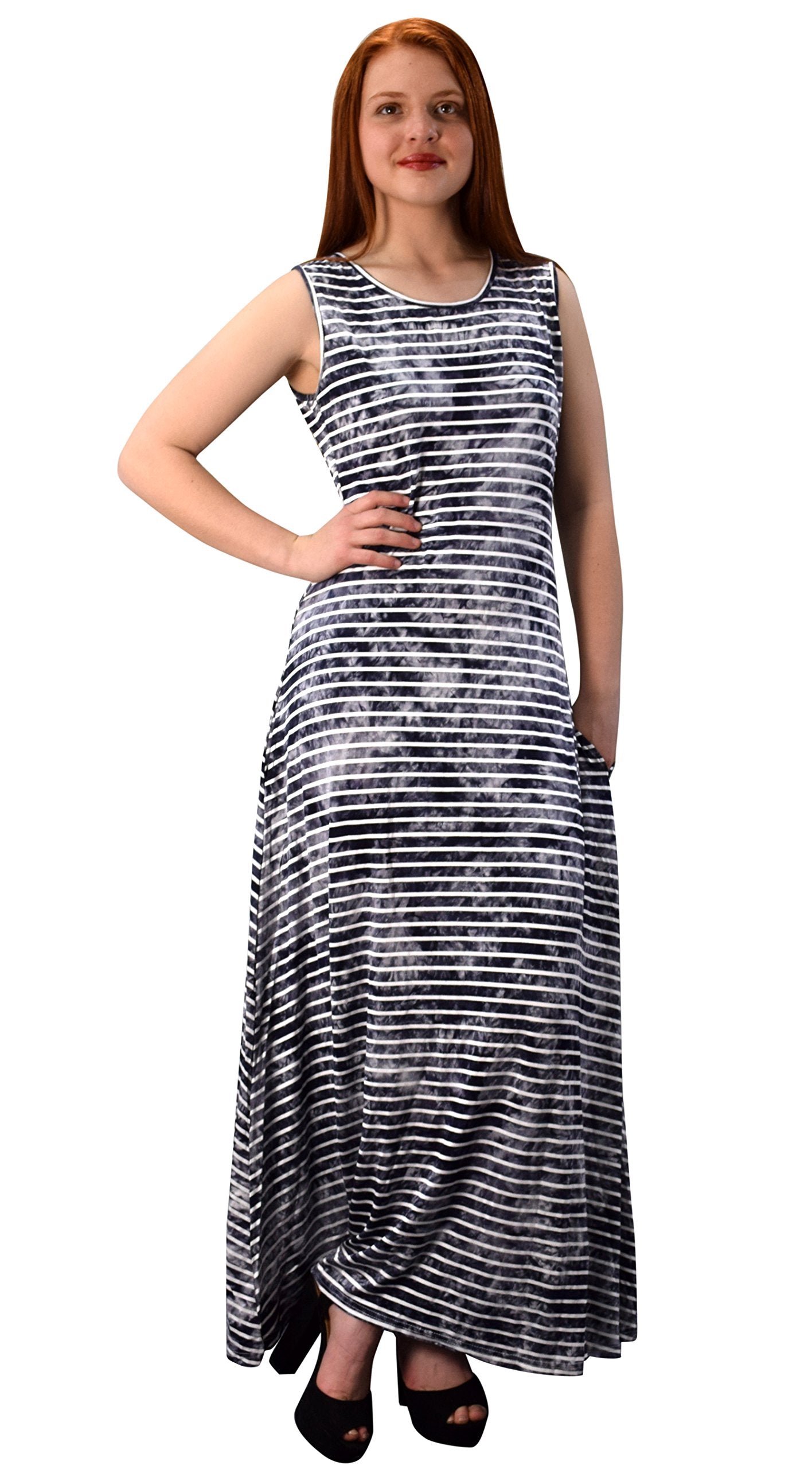 Wholesale Bulk Lot: Striped Scoop Neck Tie Dye Summer Maxi Dress Grey Large