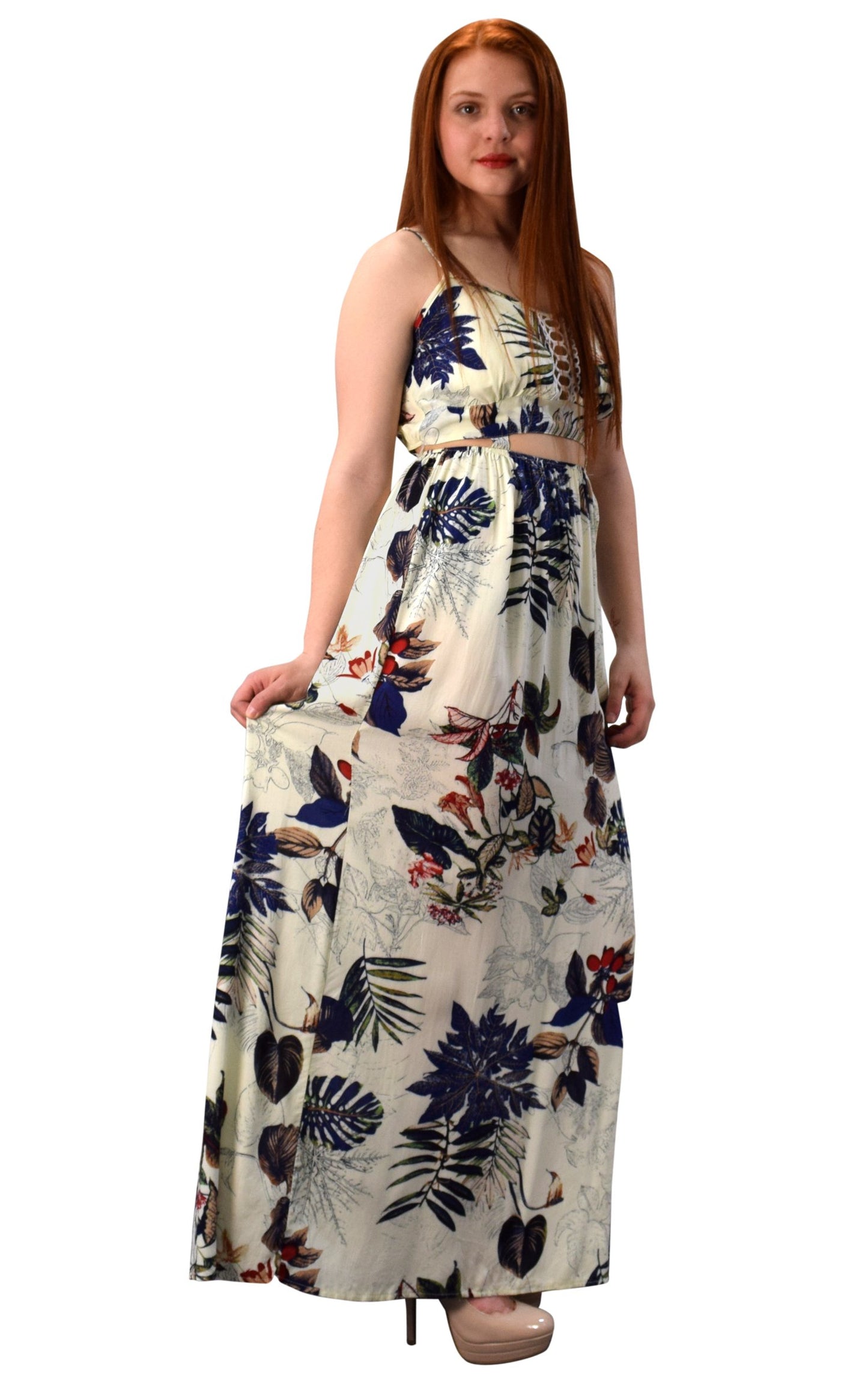 Wholesale Bulk Lot: Floral Leaf Print Cut Out Summer Maxi Dress Offwhite Navy Large