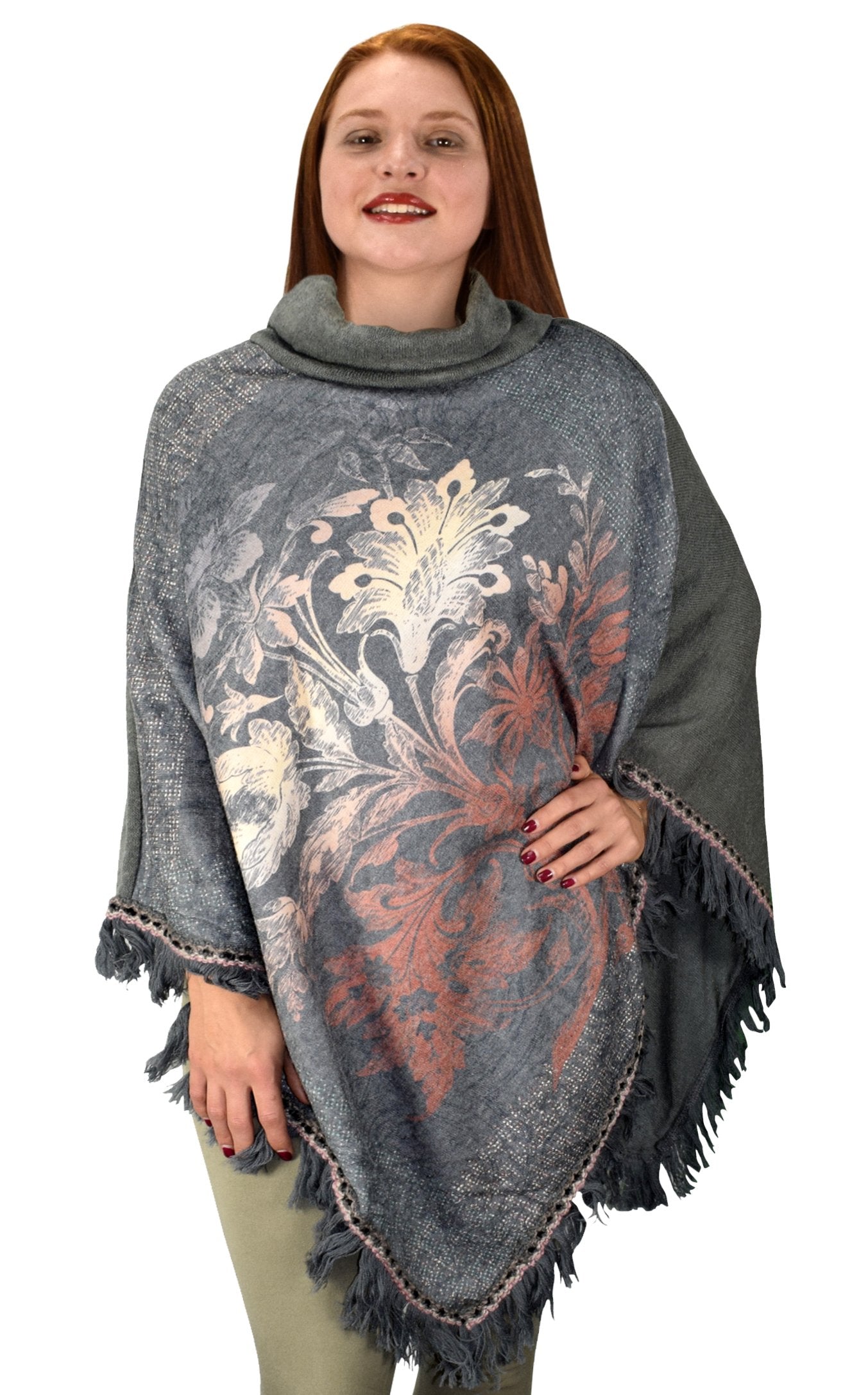 Wholesale Bulk Lot: Bohemian Floral Grey Cowl Neck Winter Poncho Sweater Pullover