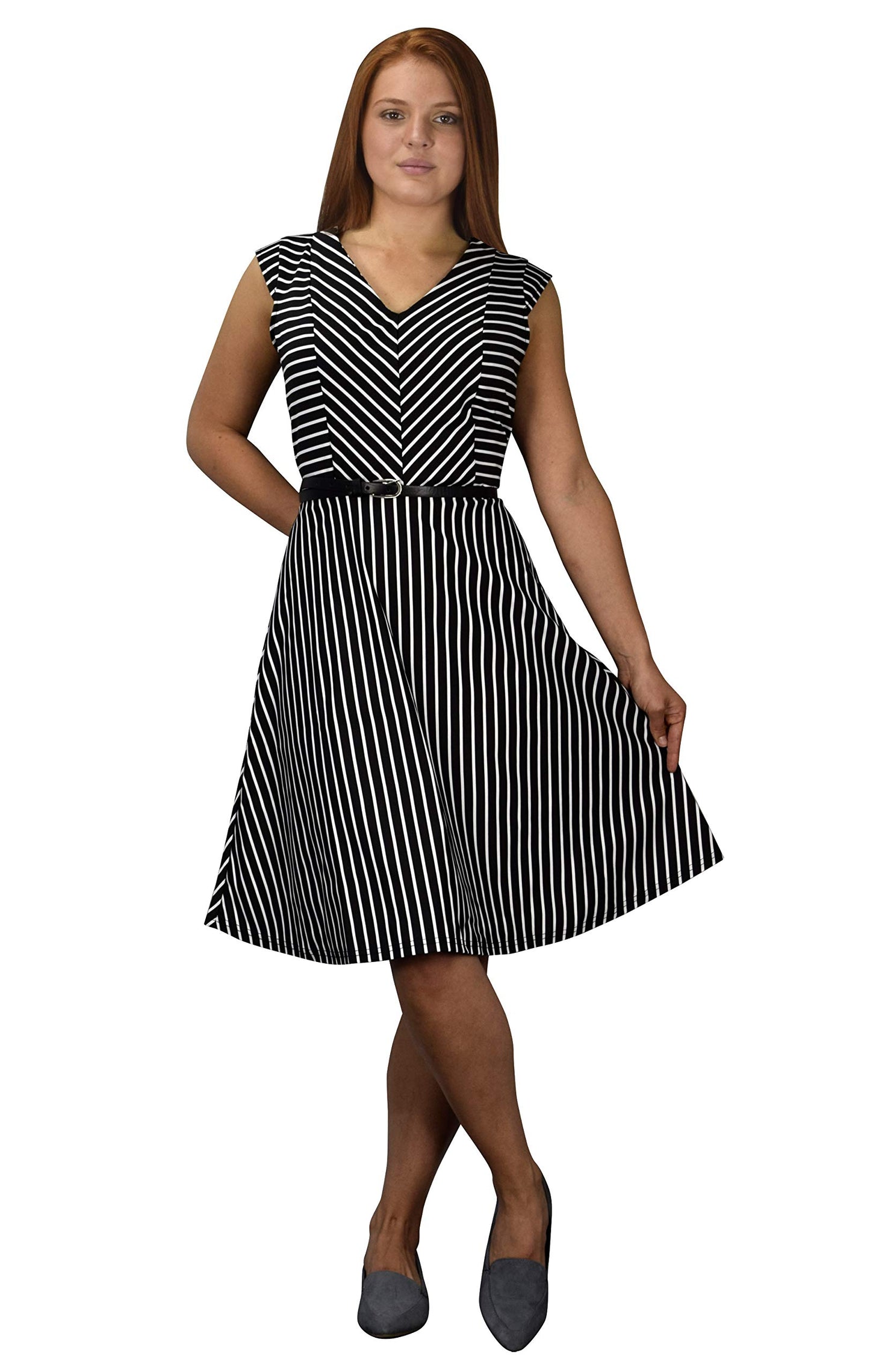 Wholesale Bulk Lot: Striped Retro A-line Cocktail Dress with Belt White Black XL