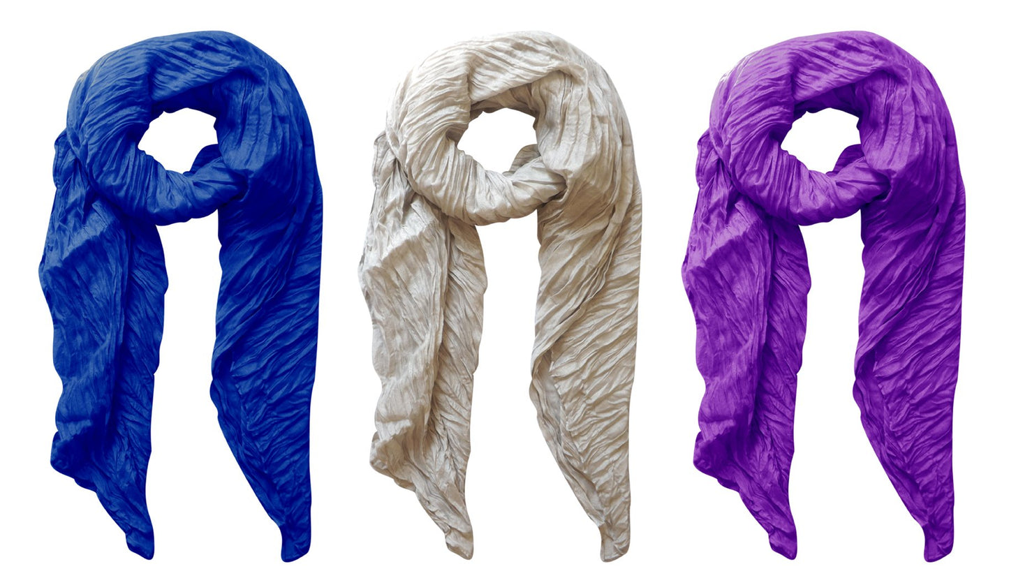 Wholesale Bulk Lot: 3 Pack Soft Crinkled Lightweight Scarf Shawl Wrap Silver Purple Royal Blue