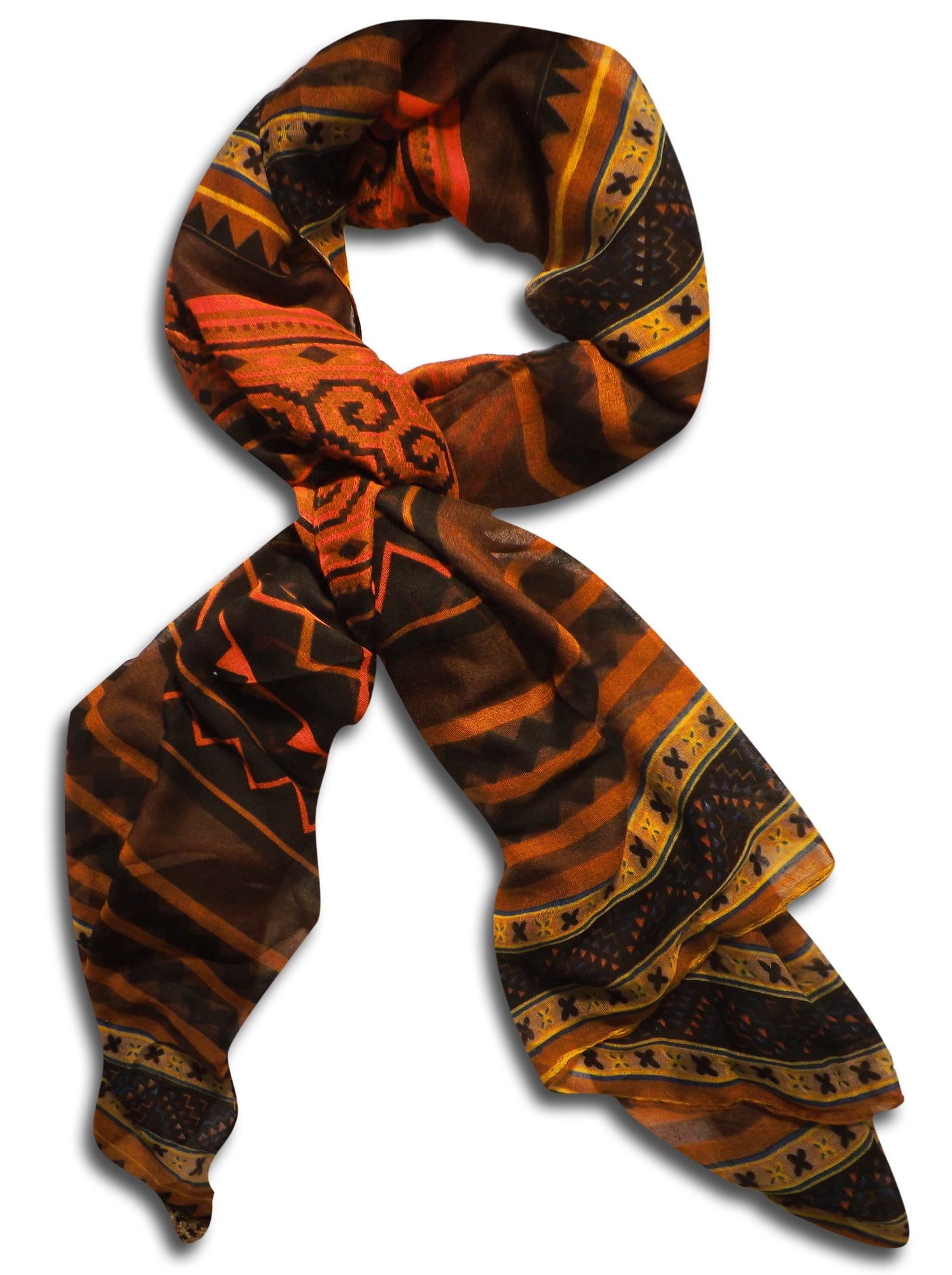 Wholesale Bulk Lot: Vibrant Aztec Tribal Print Lightweight Wrap Scarf Brown Black Reseller Pack
