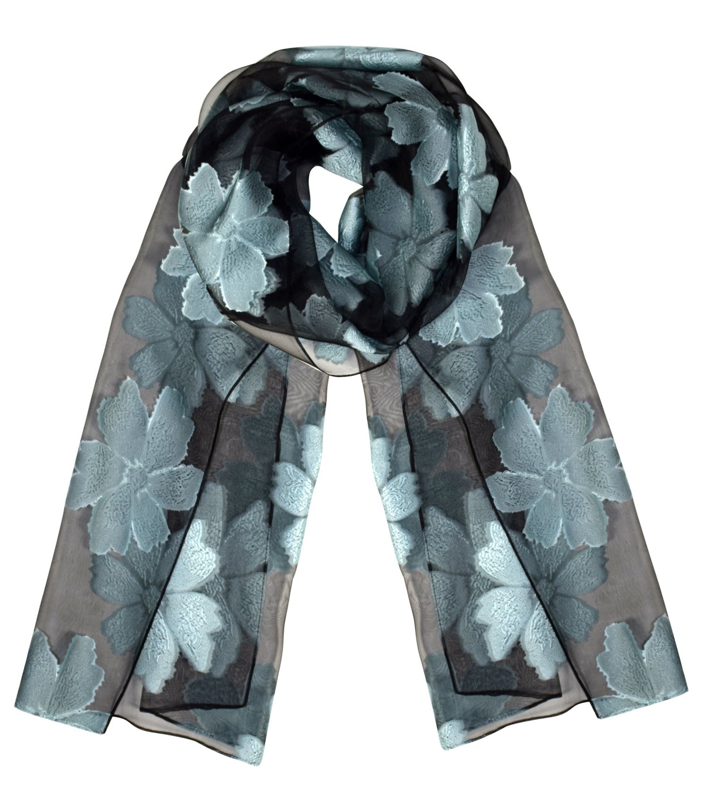 Wholesale Bulk Lot: Floral Embroidered Burnout Lightweight Summer Scarf Reseller Pack Black Sky Blue