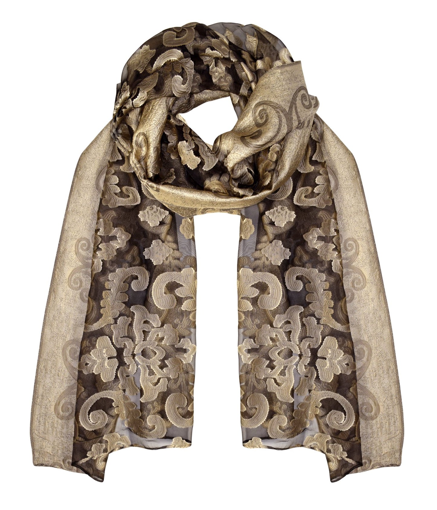 Wholesale Bulk Lot Floral Embroidered Burnout Summer Fashion Scarf Black Gold for Resellers