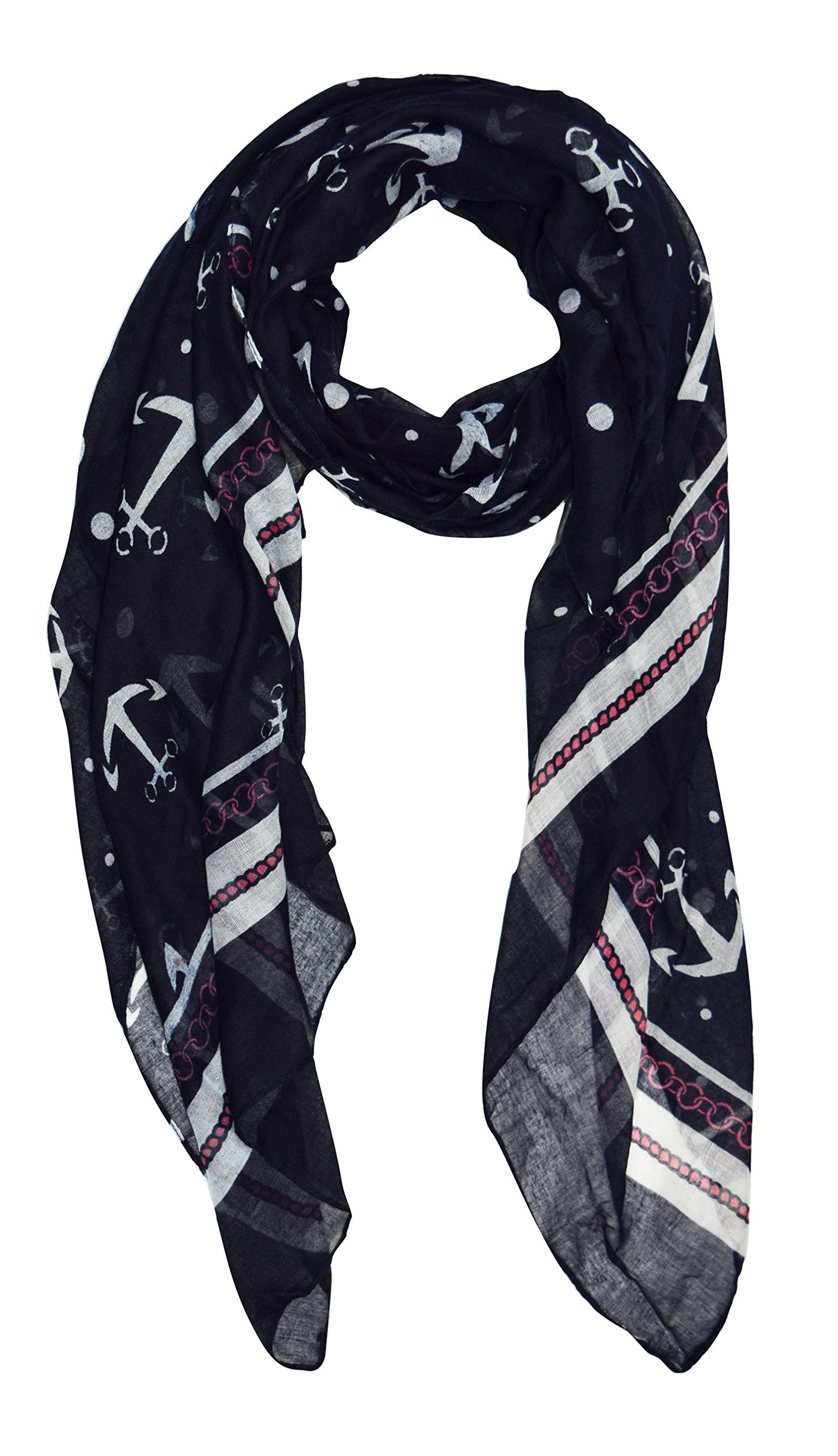 Wholesale Bulk Lot: Sheer Nautical Sailor Anchor Polka Dot Navy Blue Chain Border Scarf Reseller Pack