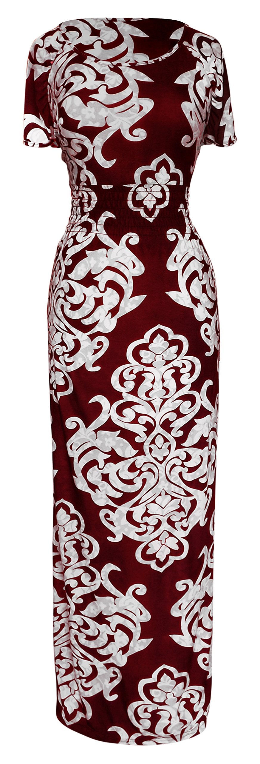 Wholesale Bulk Lot: Women's Smocked Scoop Neck Damask Maxi Dress Red Large