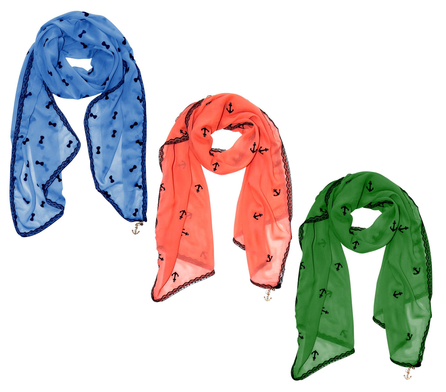 Wholesale Bulk Lot: Nautical Anchor Lace Trim Chiffon Scarf 3-Pack Sky Blue Coral Green Reseller Bundle