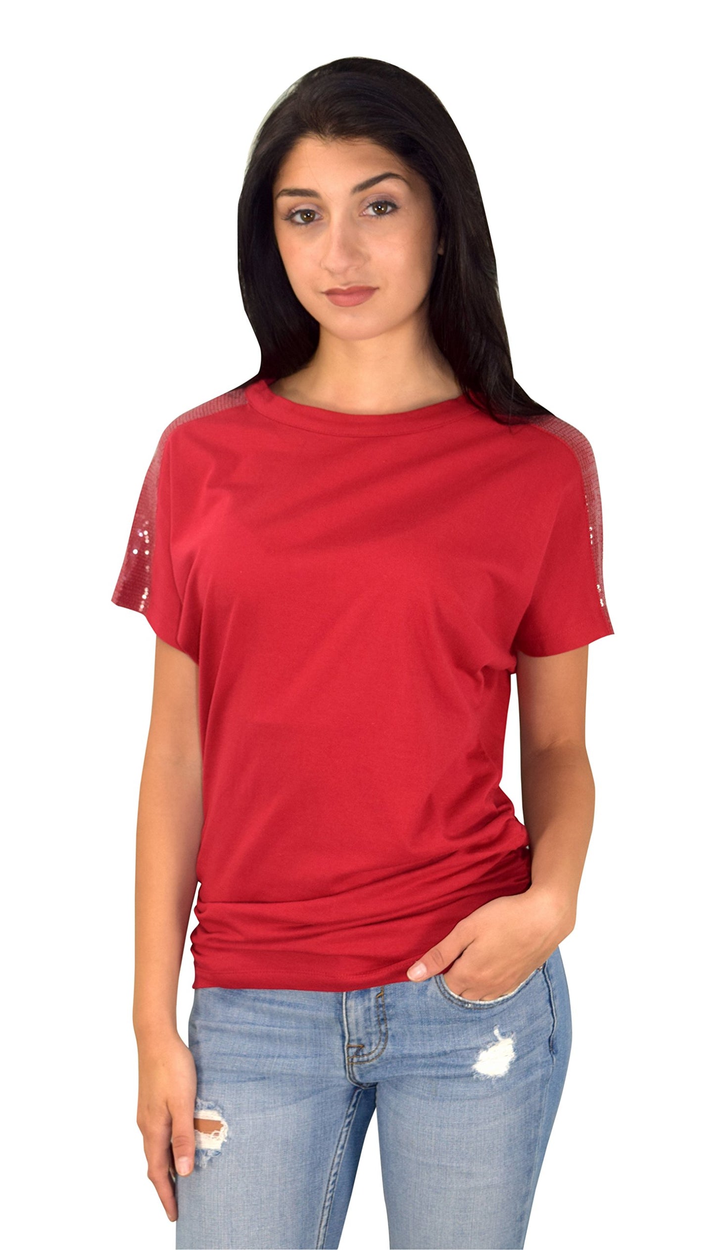 Wholesale Bulk Lot: Womens Sequin Shoulder Boat Neck Dolman Top Burgundy Small