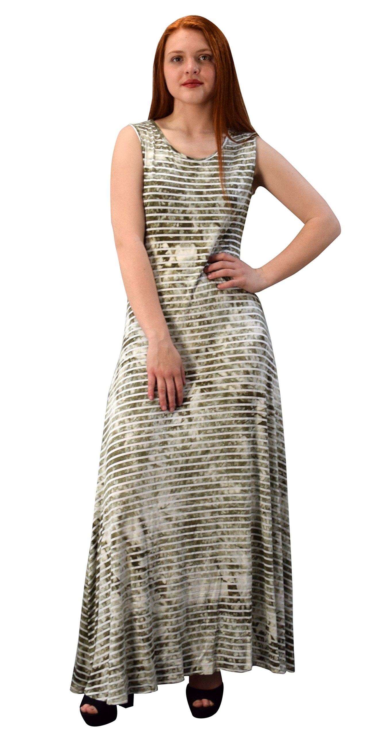 Wholesale Bulk Lot: Lightweight Scoop Neck Striped Tie Dye Summer Maxi Dress Olive L