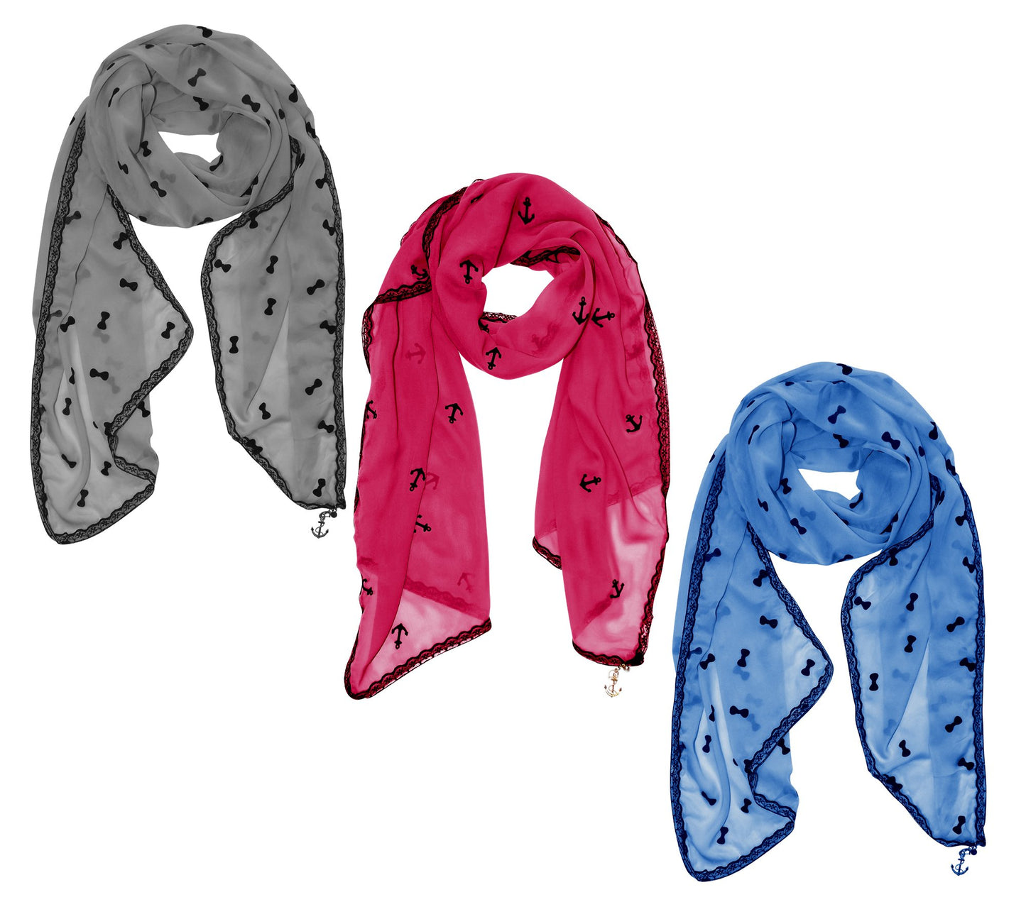 Wholesale Bulk Lot: Nautical Anchor Bow Lace Trim Chiffon Scarves Reseller Pack (Fuchsia/Grey/Blue)
