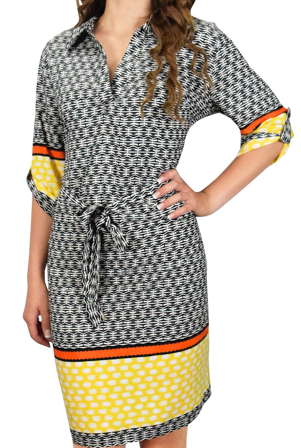 Wholesale Bulk Lot: Women's V-Neck Pattern Shift Dress, ¾ Sleeve, Yellow Orange, S