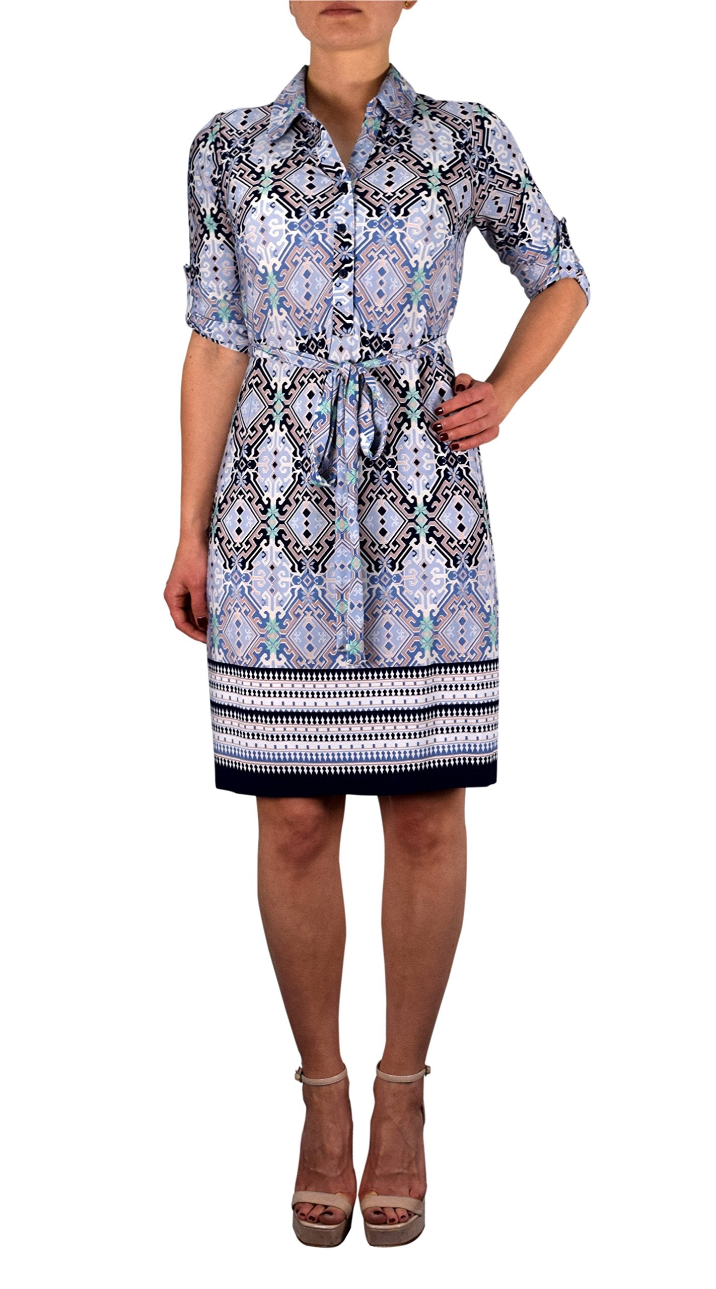 Wholesale Bulk Lot: Blue Kaleidoscope V Neck 3/4 Sleeve Tie Waist Dress Small
