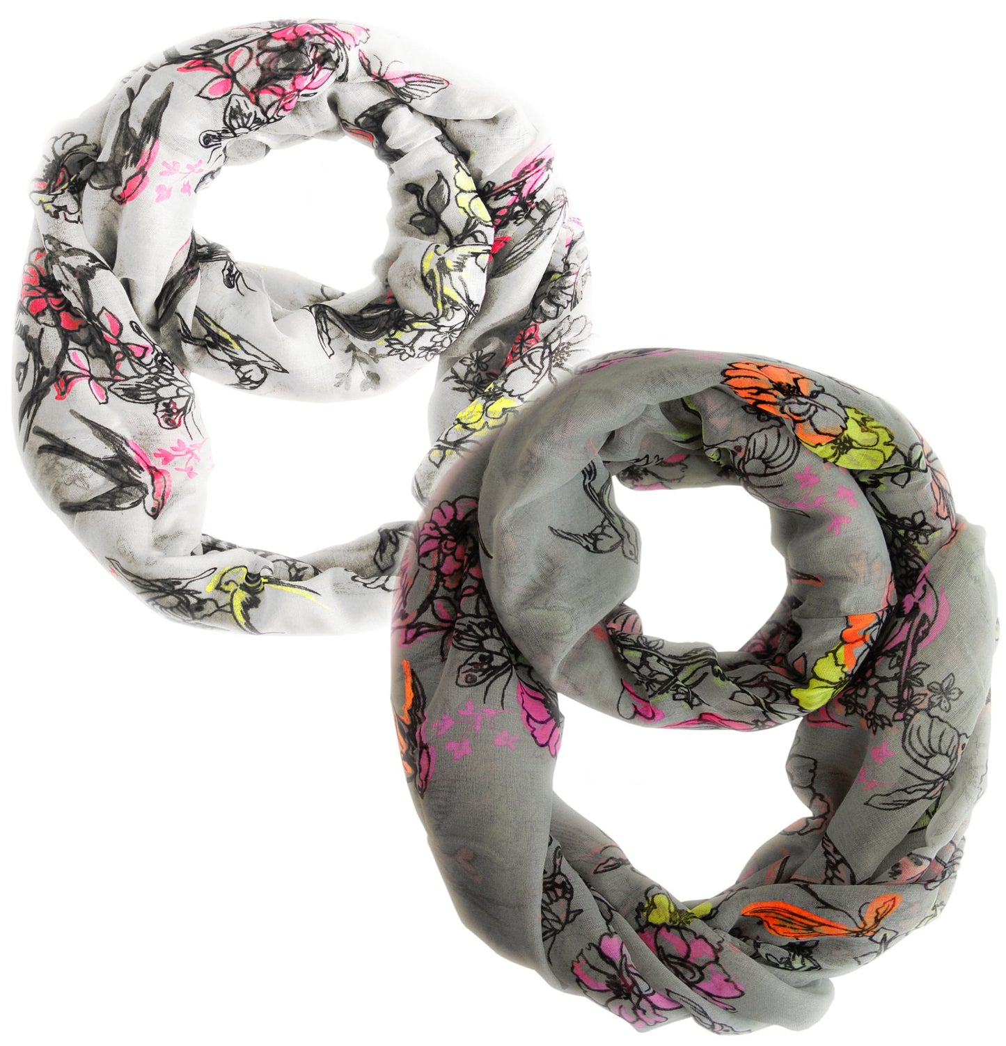 Wholesale Bulk Lot: 2 Pack Cherry Blossom Floral Print Infinity Loop Scarves White & Grey Reseller