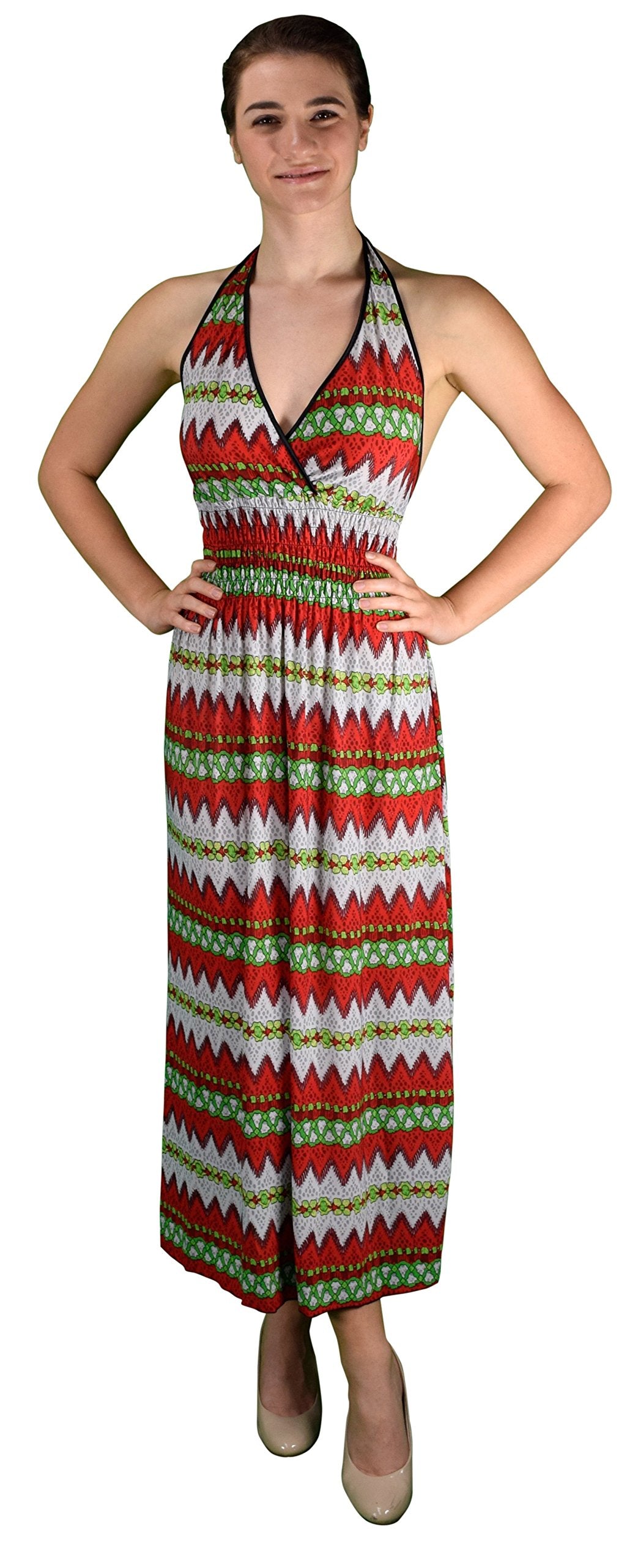 Wholesale Bulk Lot: Bohemian V Neck Halter Chevron Maxi Dress Red Large