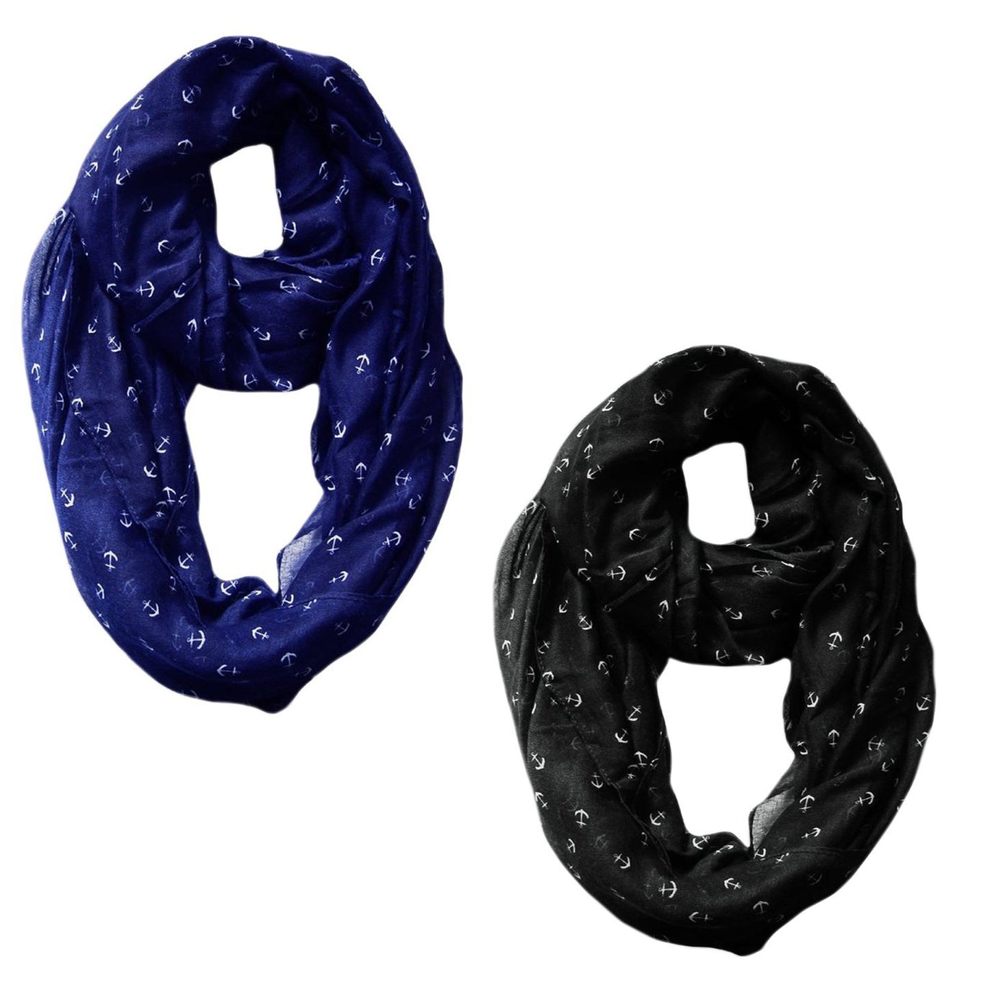 Wholesale Bulk Lot: 2 Pack Anchor Print Infinity Loop Scarves Navy and Black Reseller Bundle